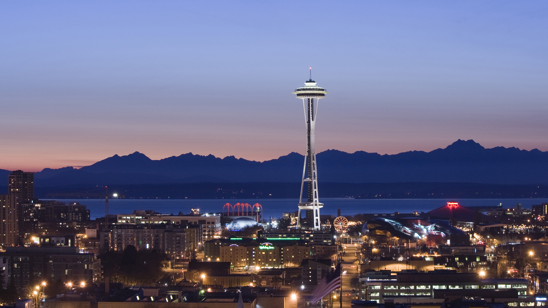 seattle, man made, building, city, light, mountain, sky, space needle, usa, cities