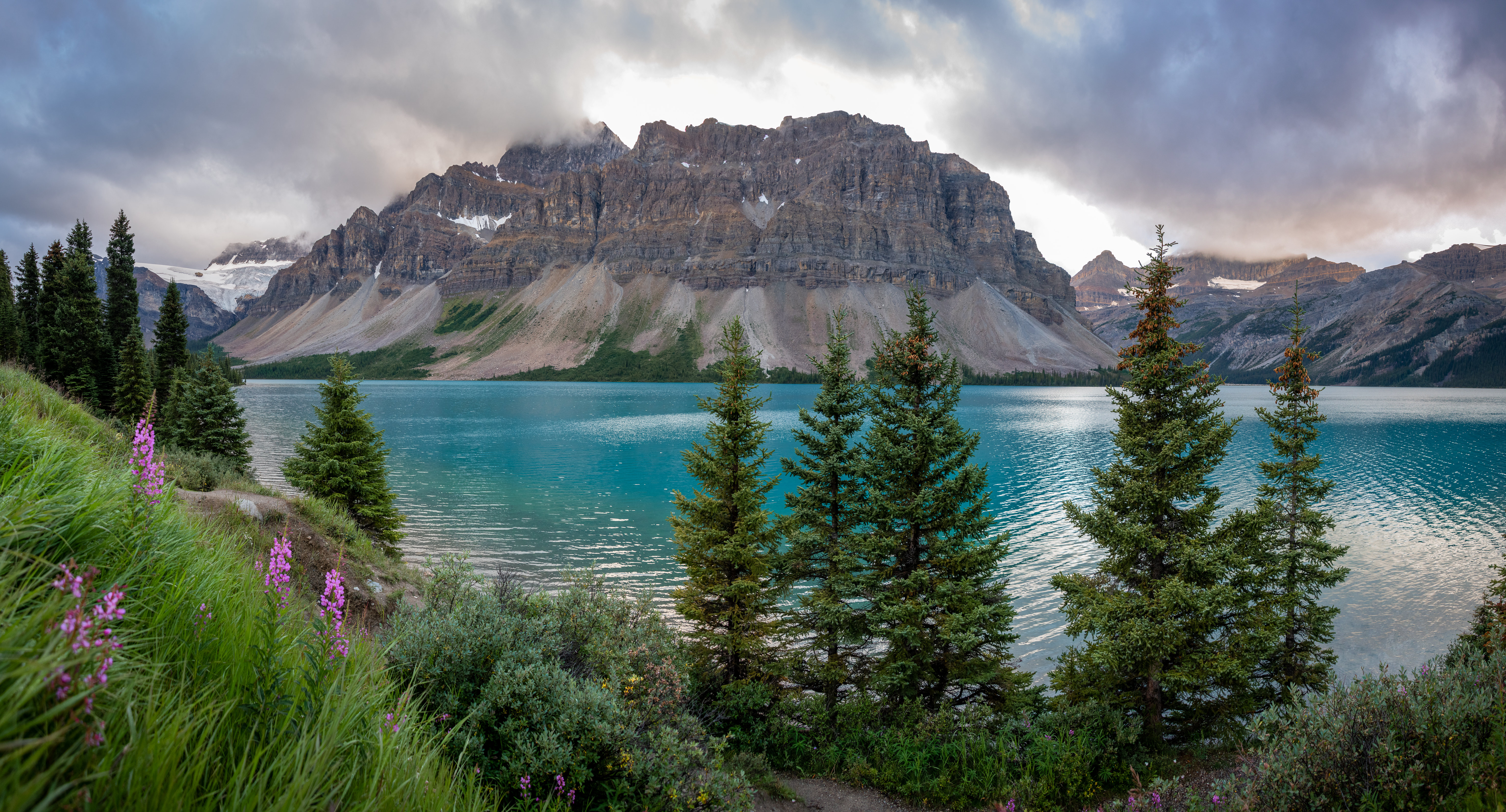 Download background landscape, nature, mountain, lake, shore, bank