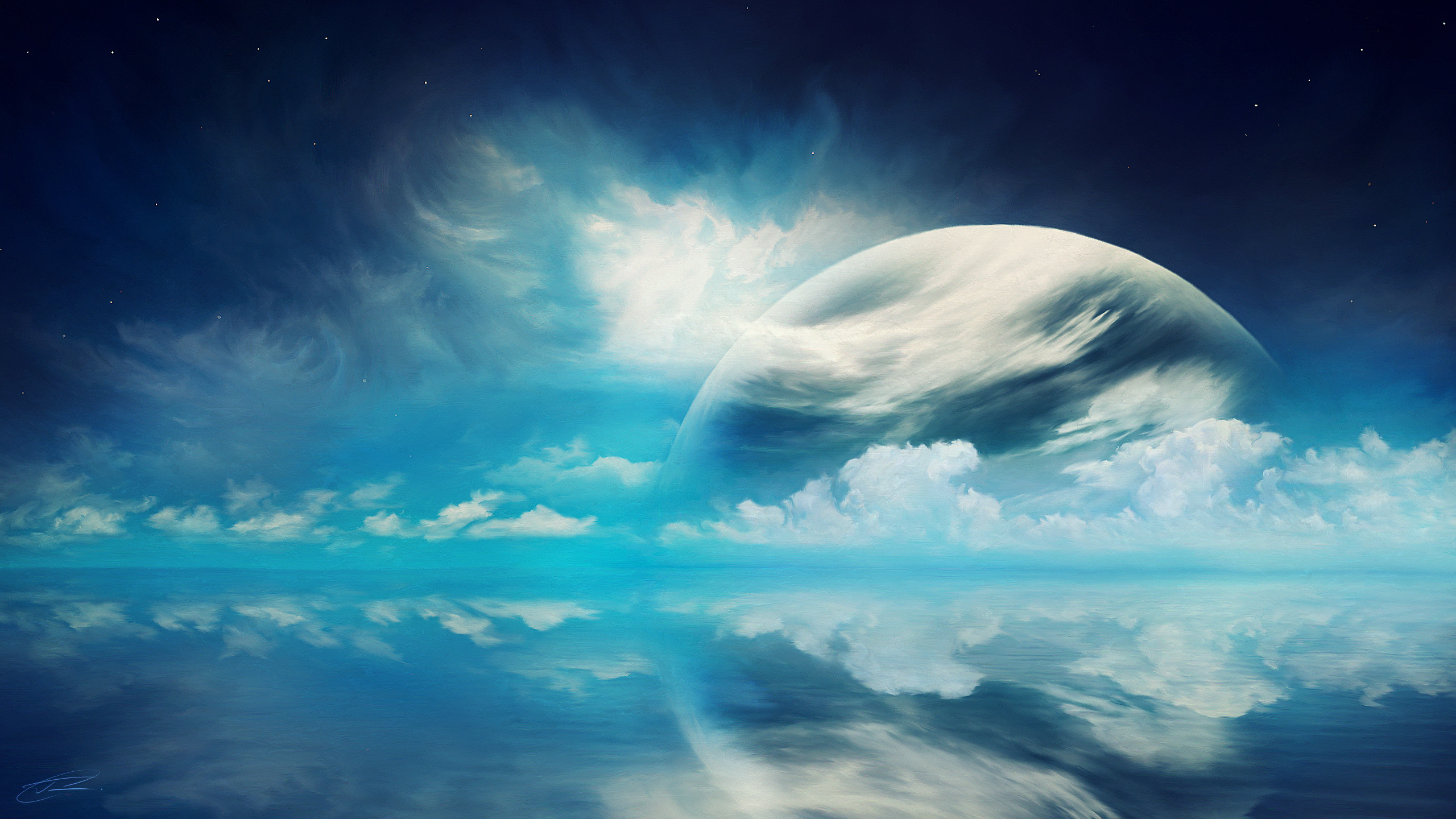 Download mobile wallpaper Sky, Horizon, Ocean, Planet, Painting, Artistic, Cloud, Planet Rise for free.