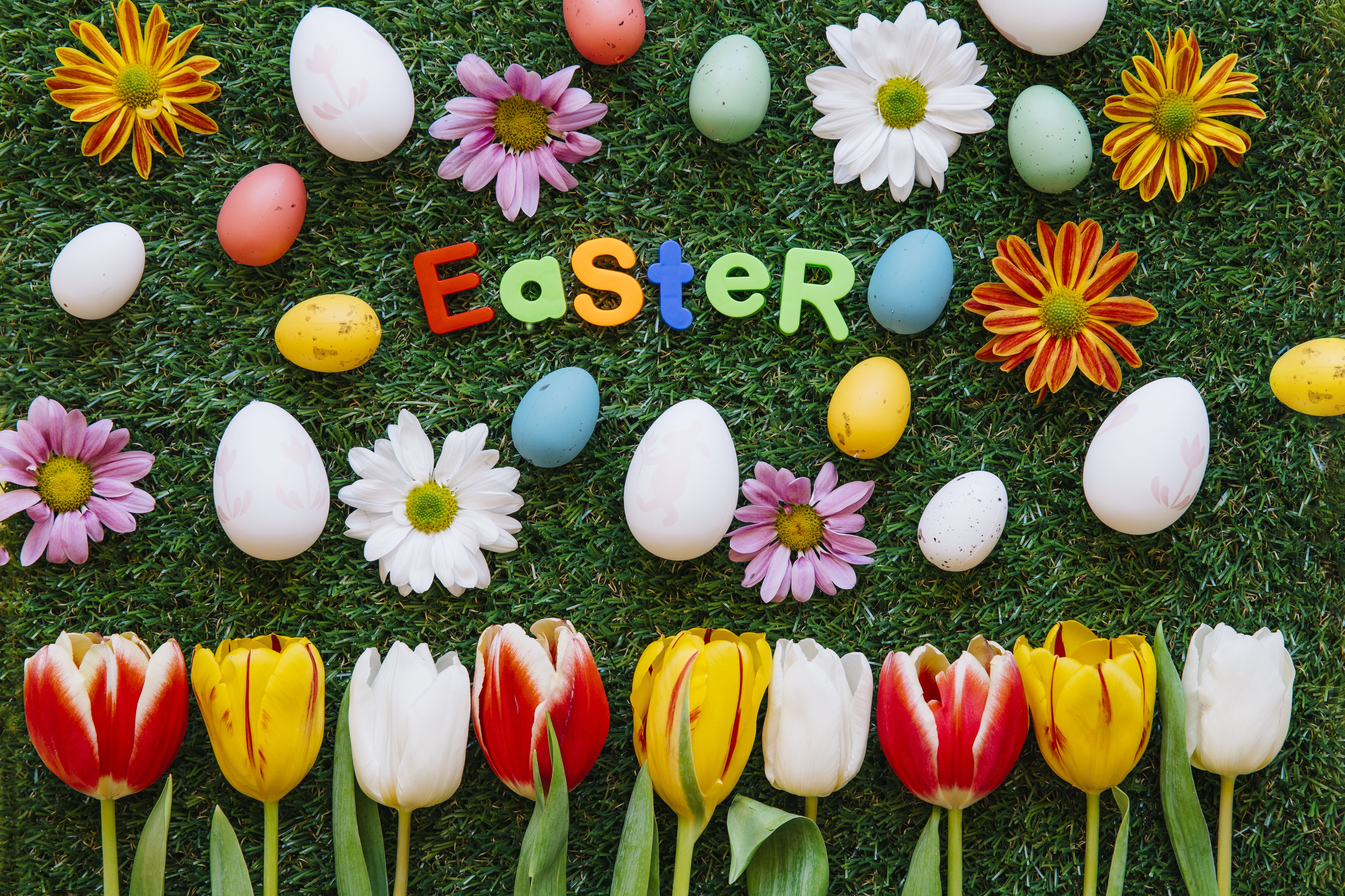PCデスクトップに卵, イースター, チューリップ, 花, 春, ホリデー画像を無料でダウンロード