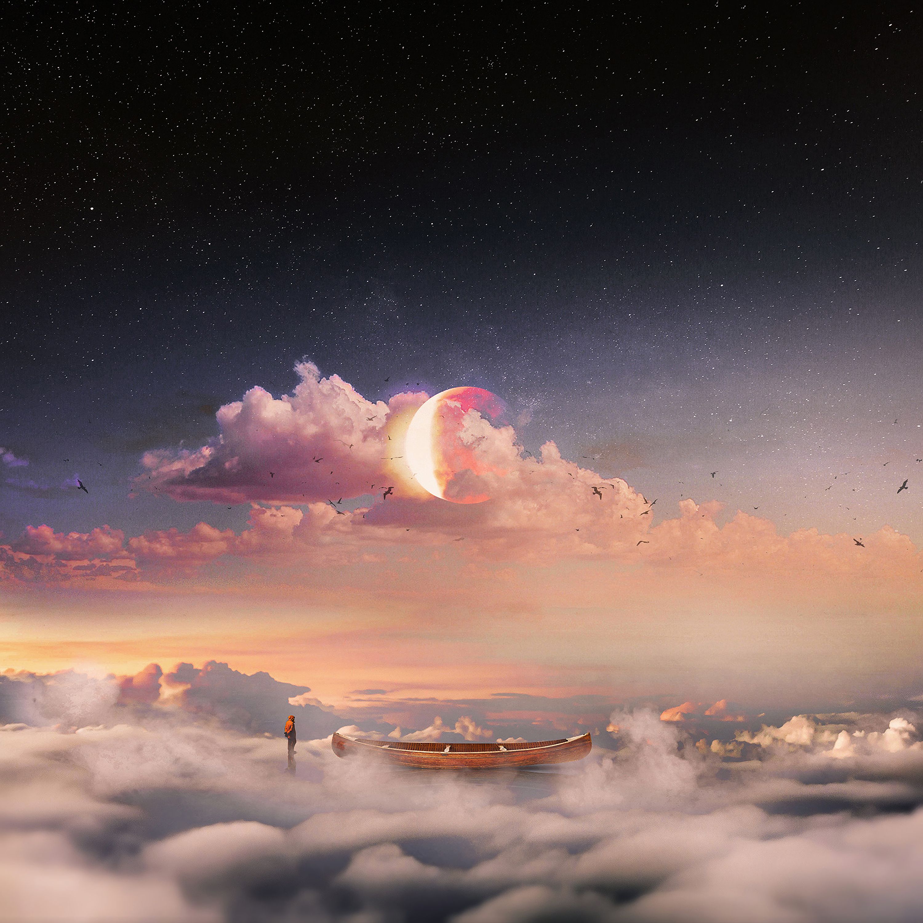 77352 скачать обои арт, сюрреализм, одинокий, лодка, облака, звездное небо, человек - заставки и картинки бесплатно