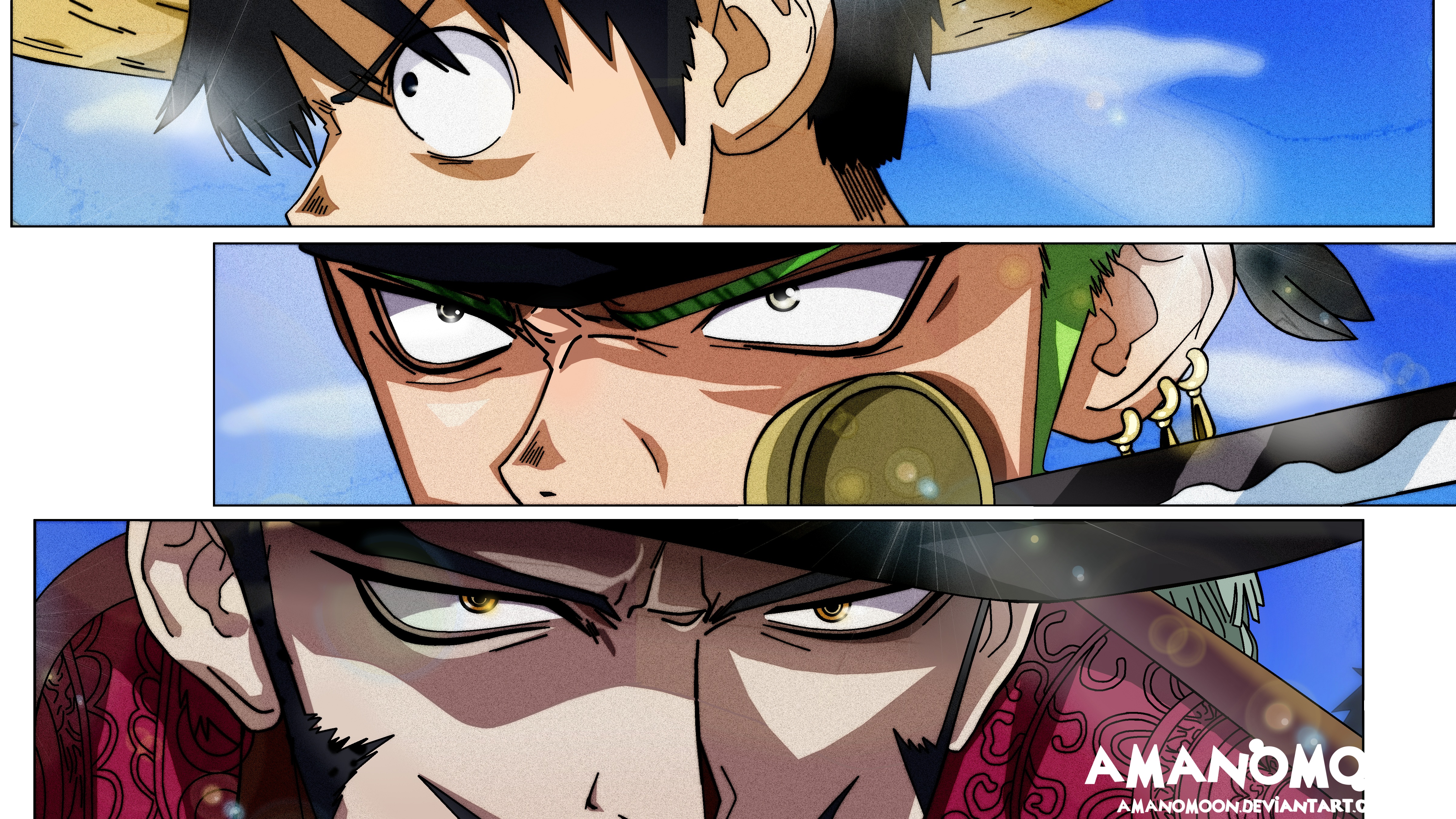Download mobile wallpaper Anime, One Piece, Roronoa Zoro, Monkey D Luffy, Dracule Mihawk for free.