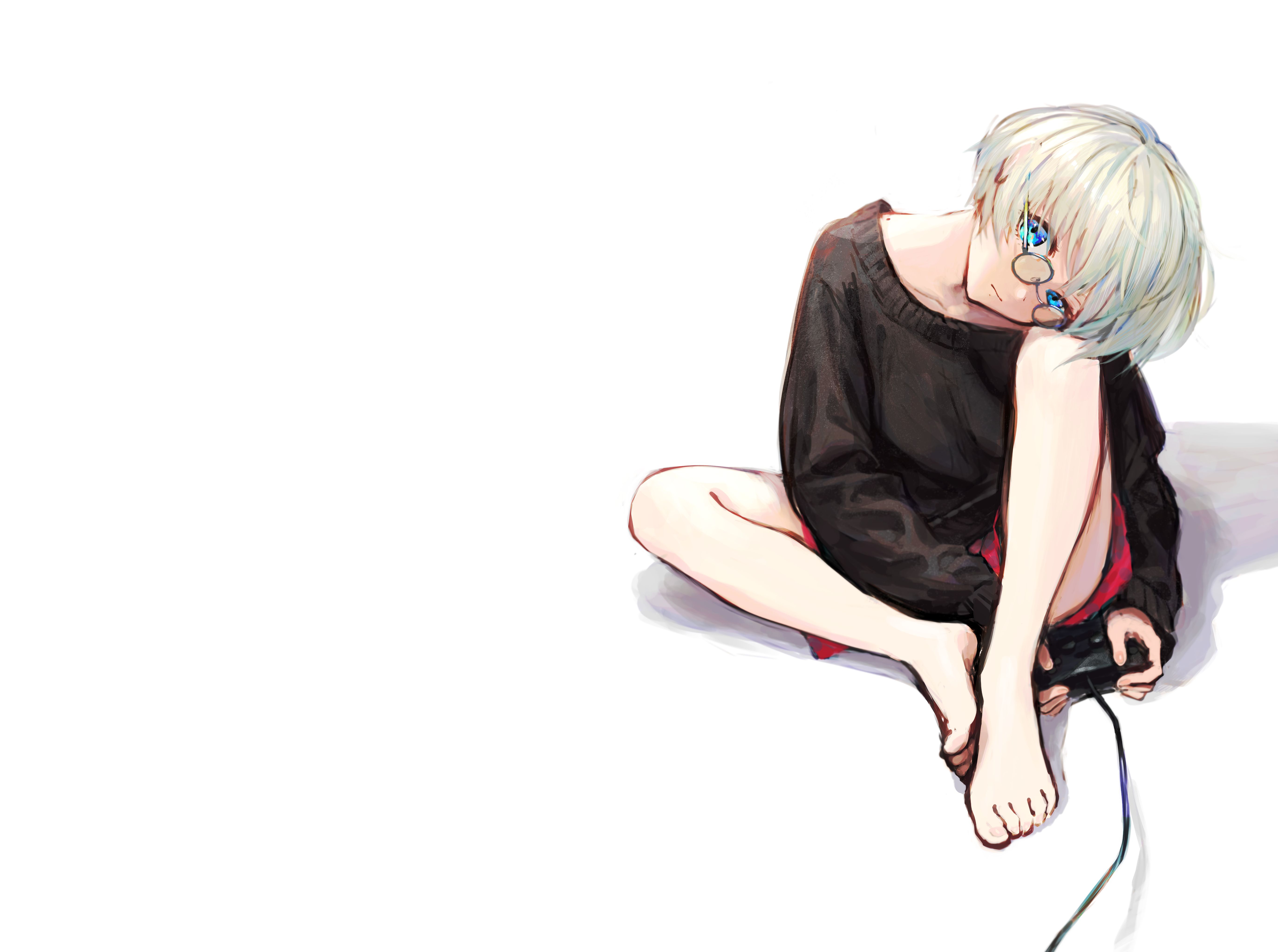 feet, anime, original, blue eyes, controller, glasses, short hair, white hair