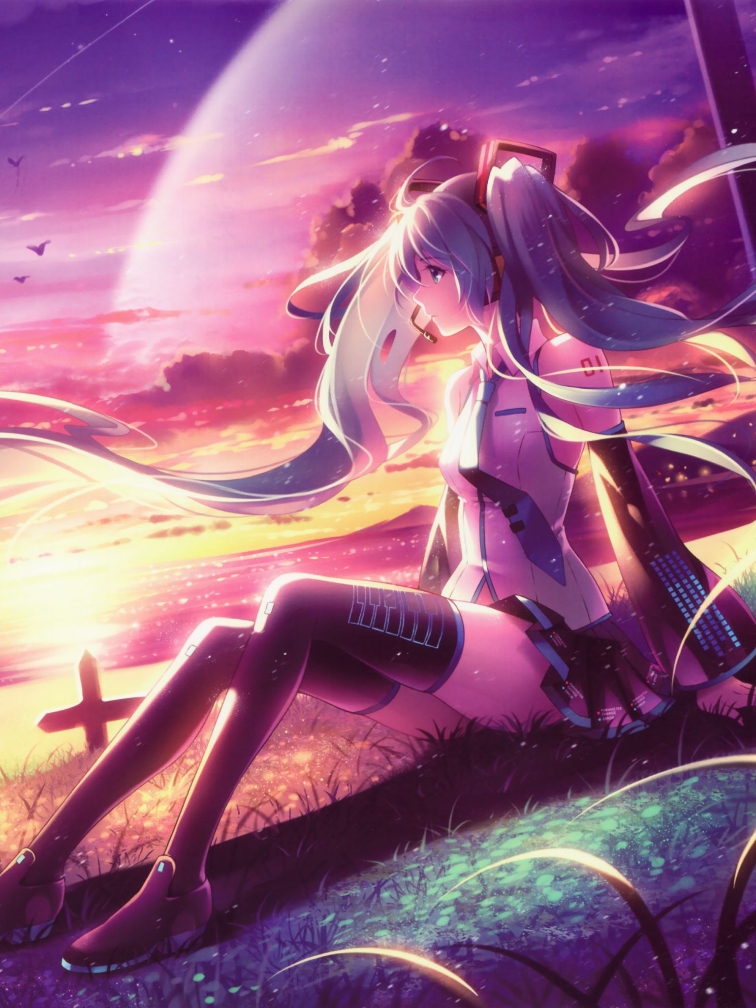 Handy-Wallpaper Vocaloid, Sonnenuntergang, Hatsune Miku, Animes, Lange Haare kostenlos herunterladen.