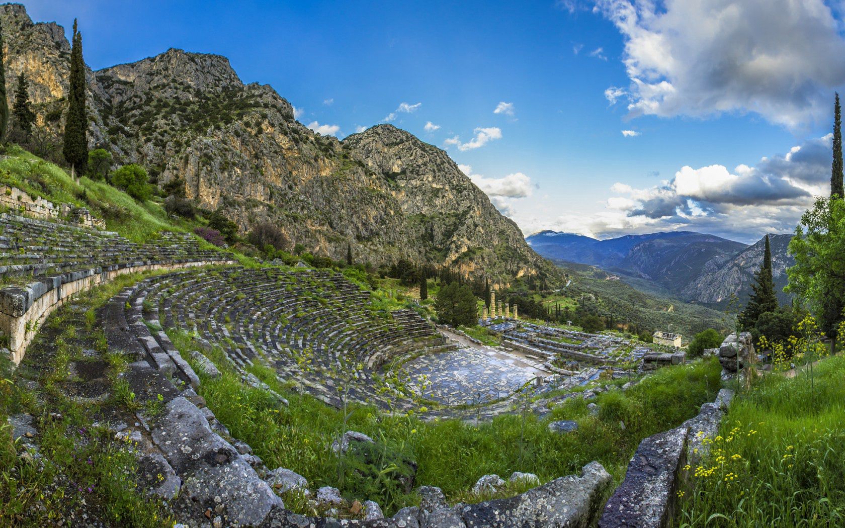 Free download wallpaper Delphi, Sky, Grass, Greece, Nature, Mountains on your PC desktop