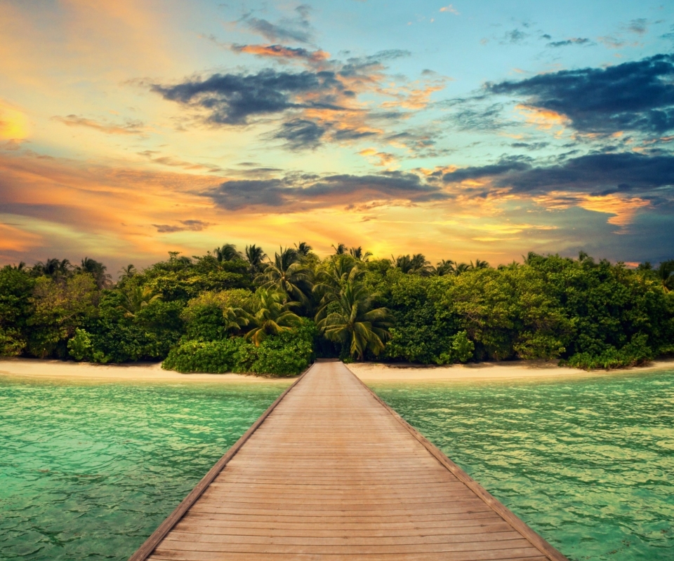 Free download wallpaper Sunset, Sea, Pier, Ocean, Earth, Tropics, Island, Lagoon, Tropical, Palm Tree on your PC desktop