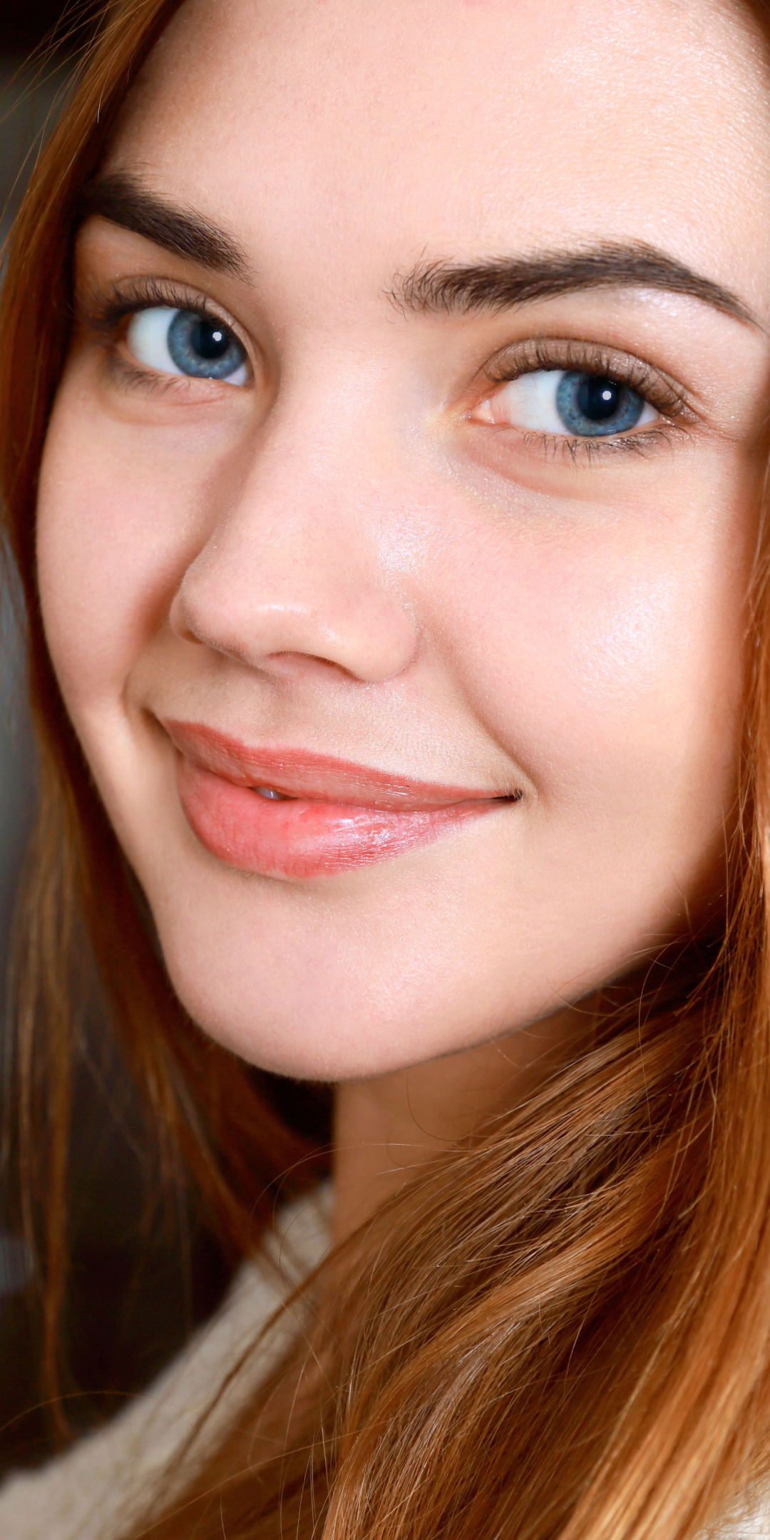 Download mobile wallpaper Smile, Redhead, Face, Model, Women, Blue Eyes for free.