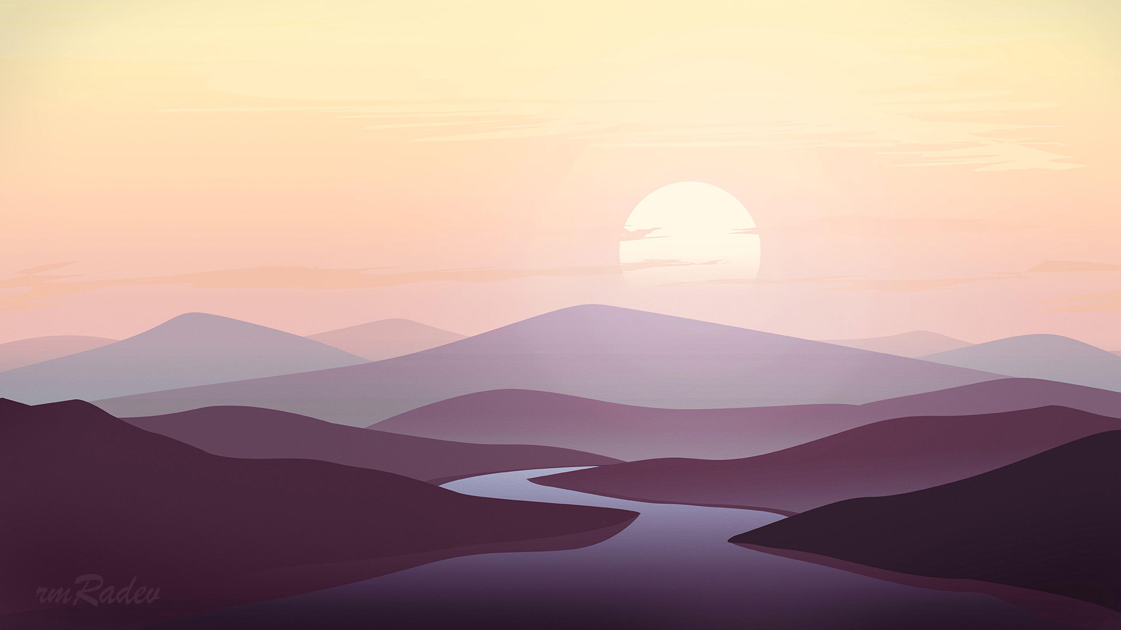 art, landscape, rivers, sunset, mountains Panoramic Wallpaper