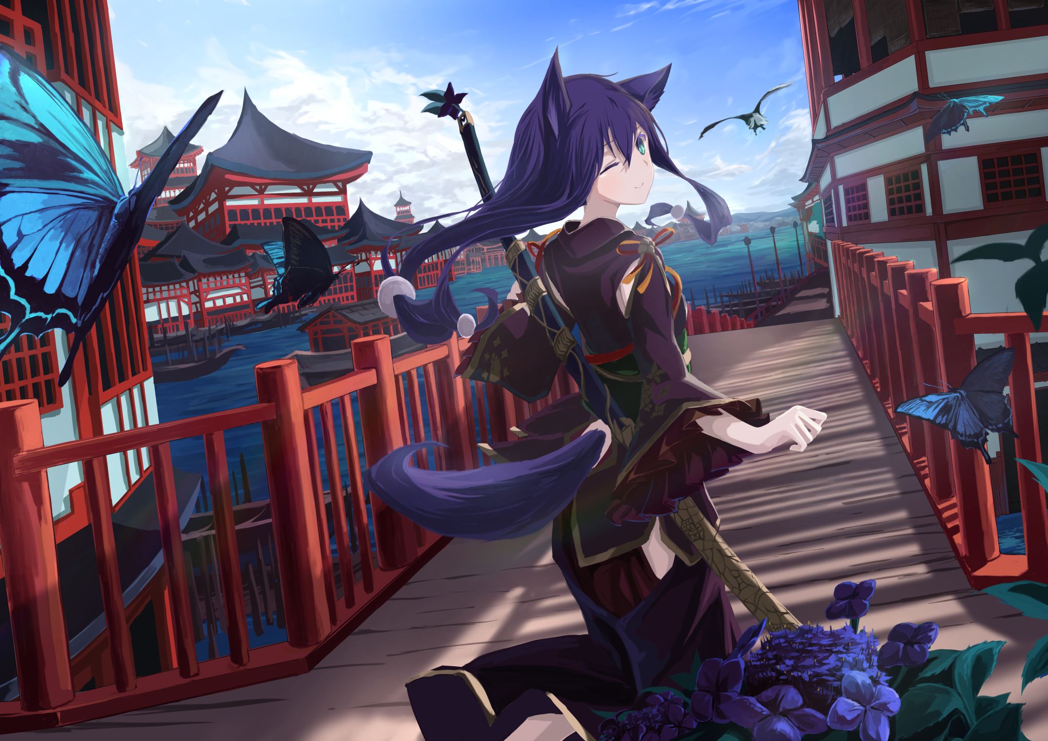 Free download wallpaper Anime, Weapon, Building, Bird, Butterfly, Tail, Sword, Blue Eyes, Wink, Original, Long Hair, Cat Girl, Purple Hair, Animal Ears, Japanese Clothes on your PC desktop