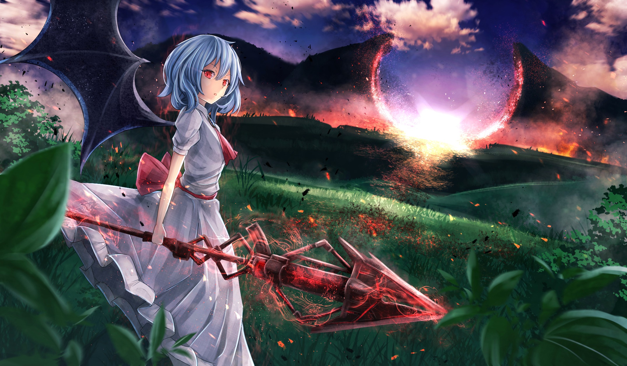 Download mobile wallpaper Anime, Landscape, Wings, Dress, Blue Hair, Red Eyes, Remilia Scarlet, Touhou, Short Hair for free.