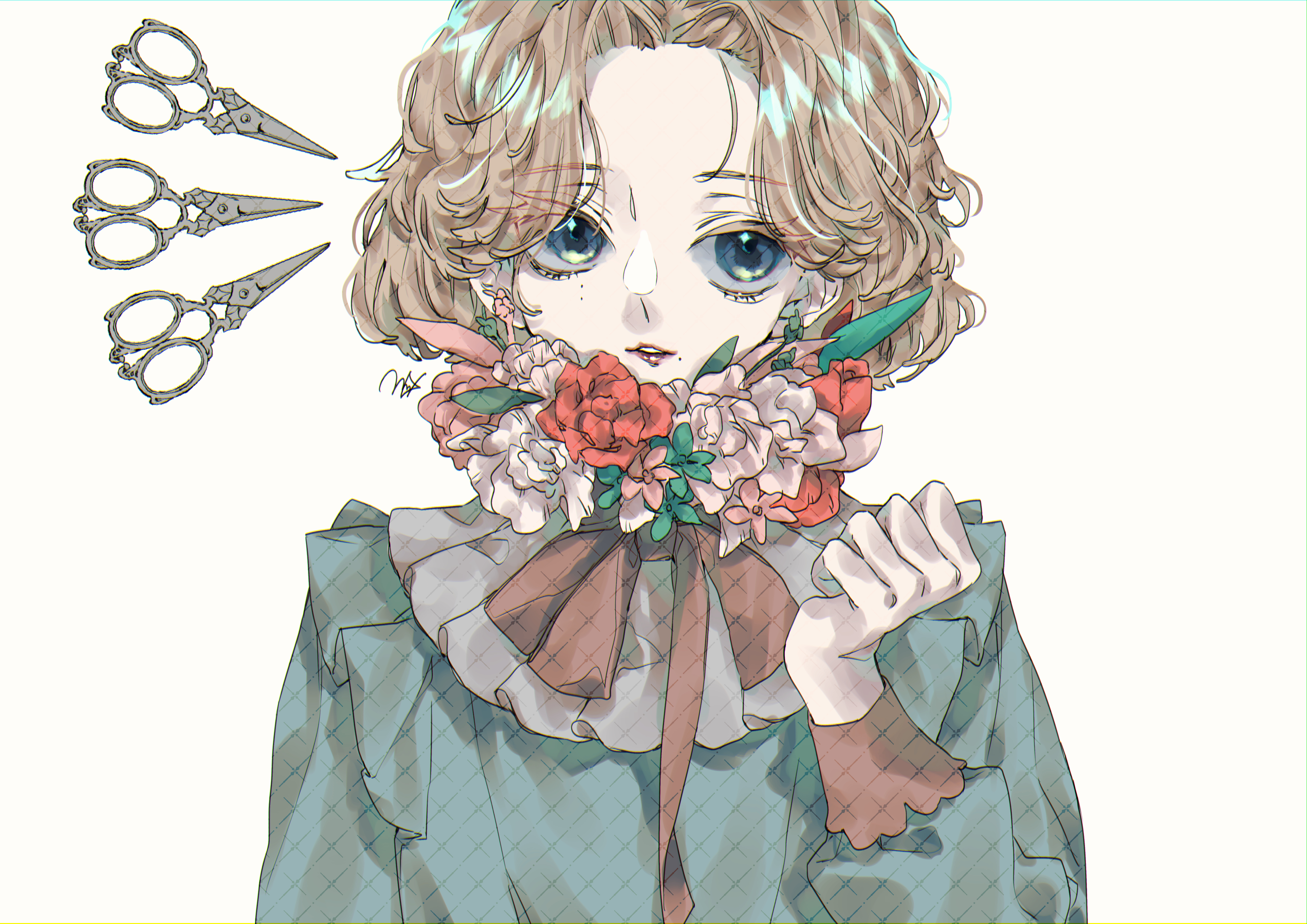 anime, original, blue eyes, flower, scissors