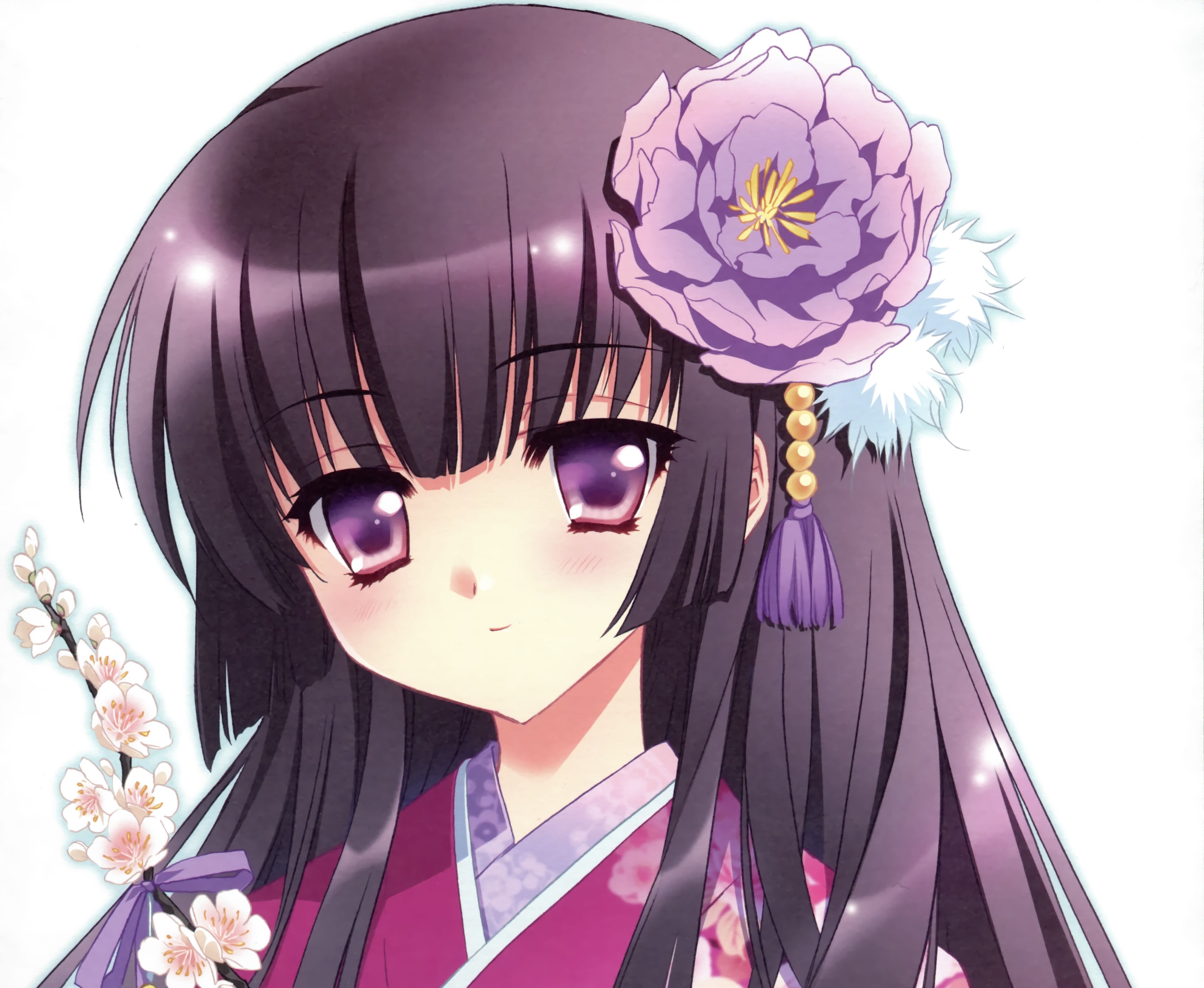 Laden Sie das Blume, Kimono, Original, Erröten, Animes, Lange Haare, Braune Haare, Lila Augen-Bild kostenlos auf Ihren PC-Desktop herunter