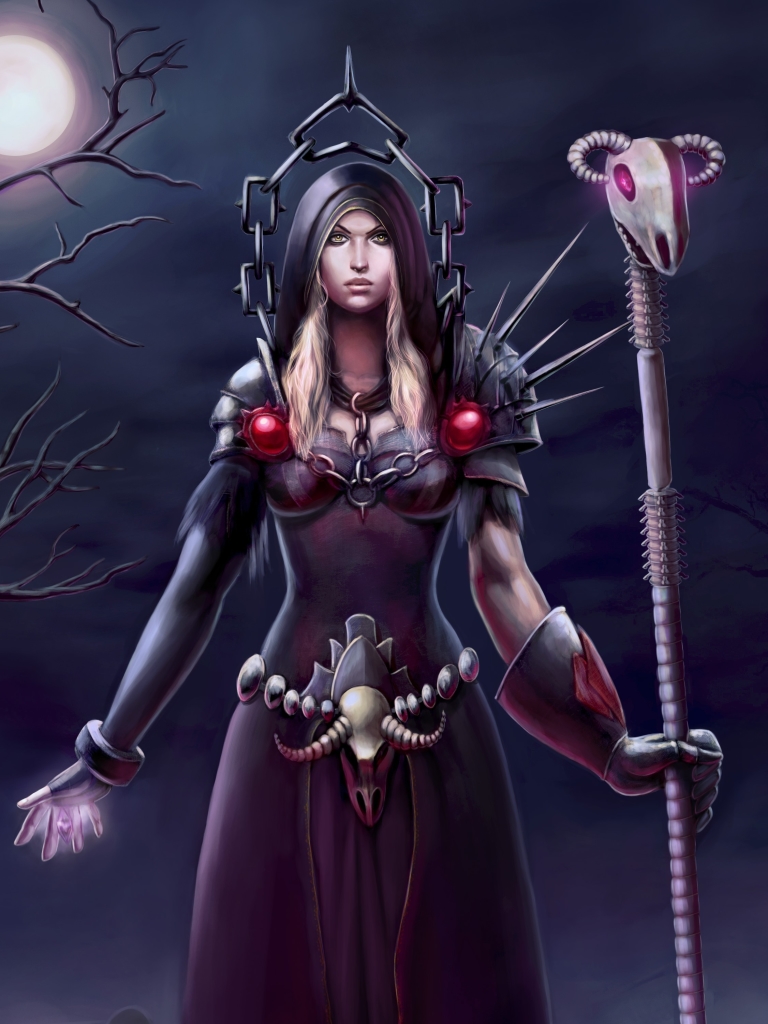 Download mobile wallpaper Fantasy, Night, Warrior, Staff, Witch for free.
