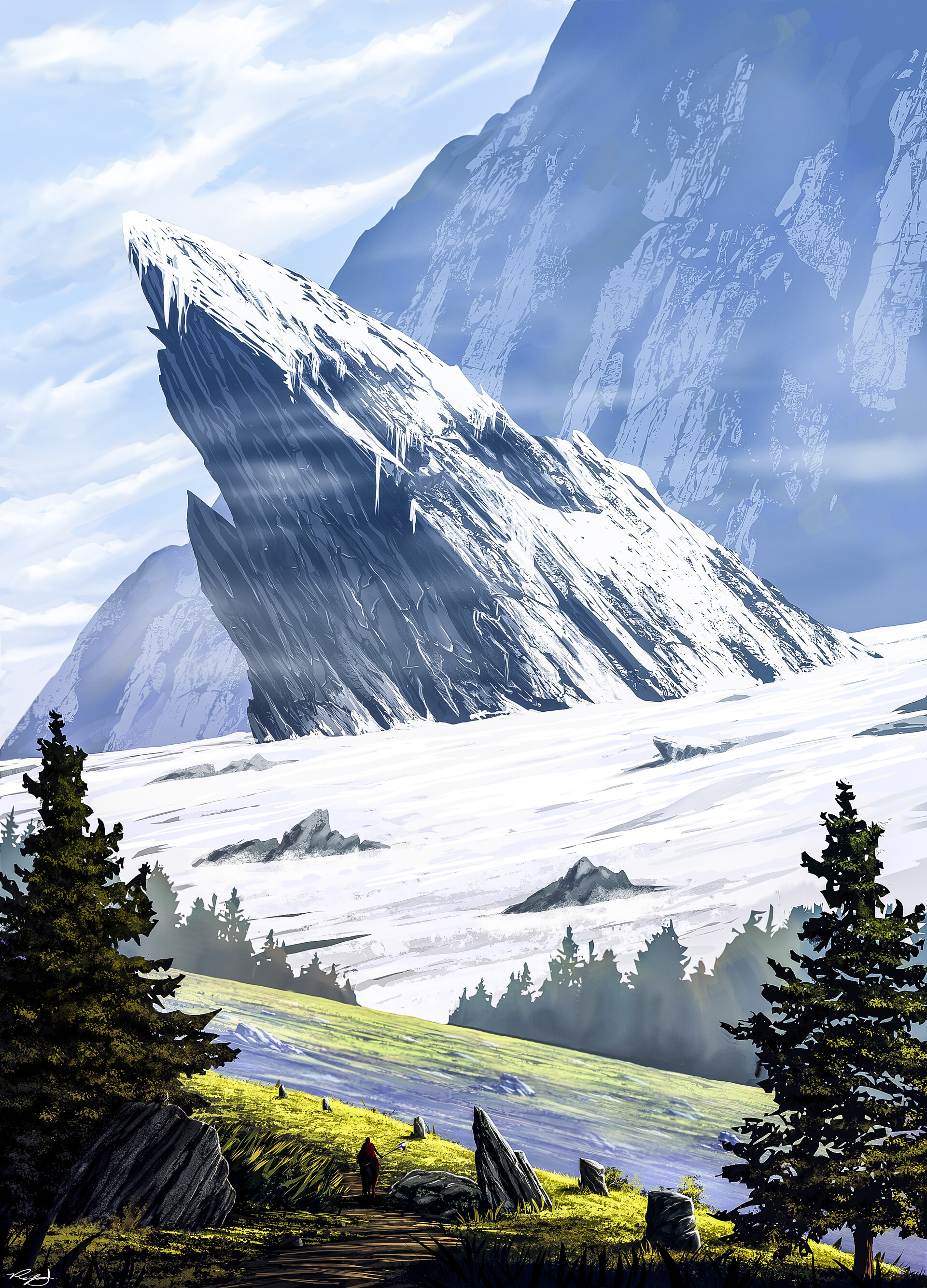 Download mobile wallpaper Rocks, Snow, Mountains, Landscape, Journey, Art for free.