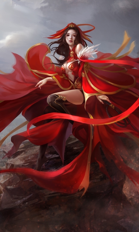 Download mobile wallpaper Fantasy, Colorful, Warrior, Oriental, Asian, Red Eyes, Brown Hair, Woman Warrior for free.