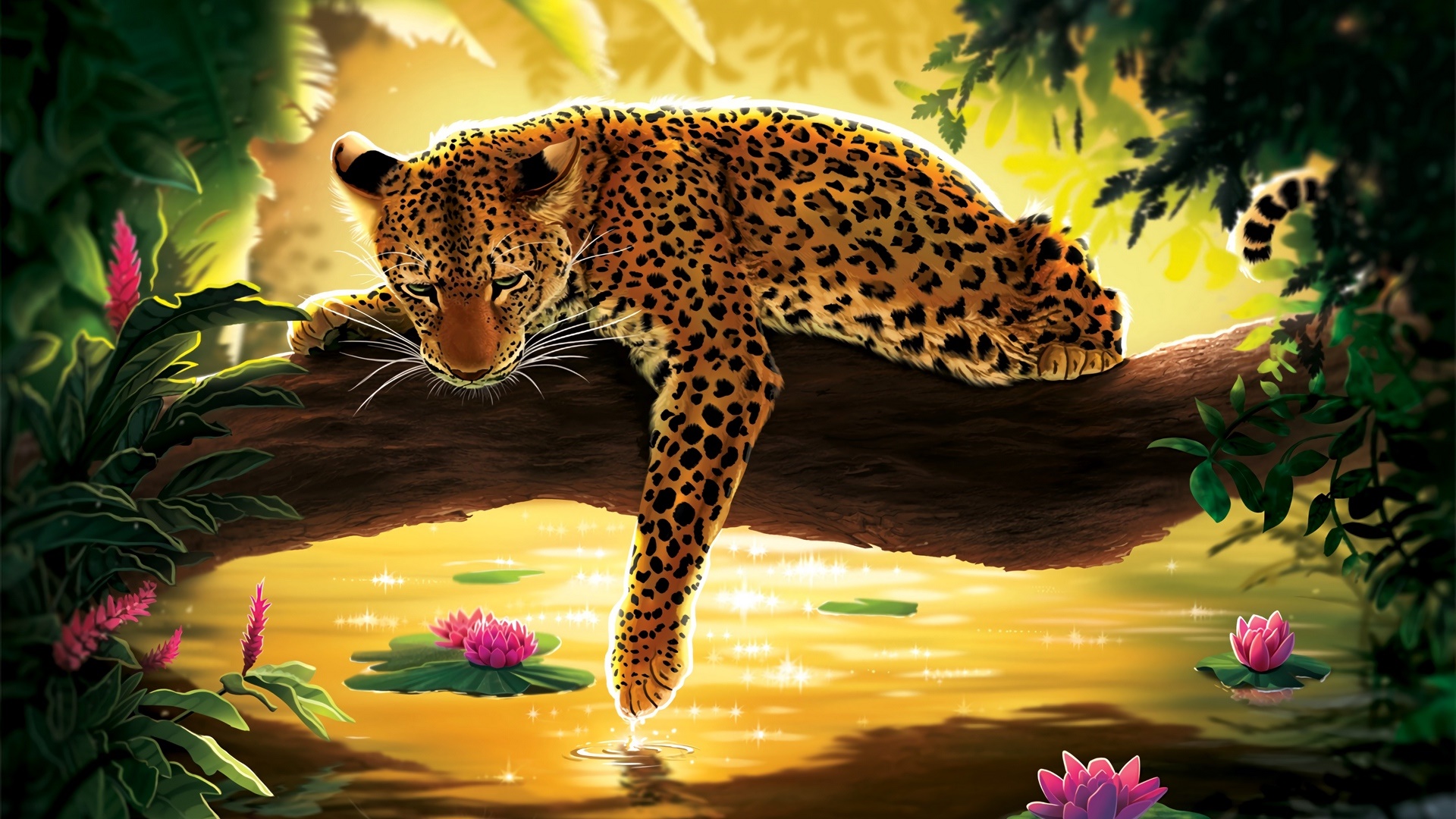 Laden Sie das Fantasie, Leopard, Teich, Seerose-Bild kostenlos auf Ihren PC-Desktop herunter
