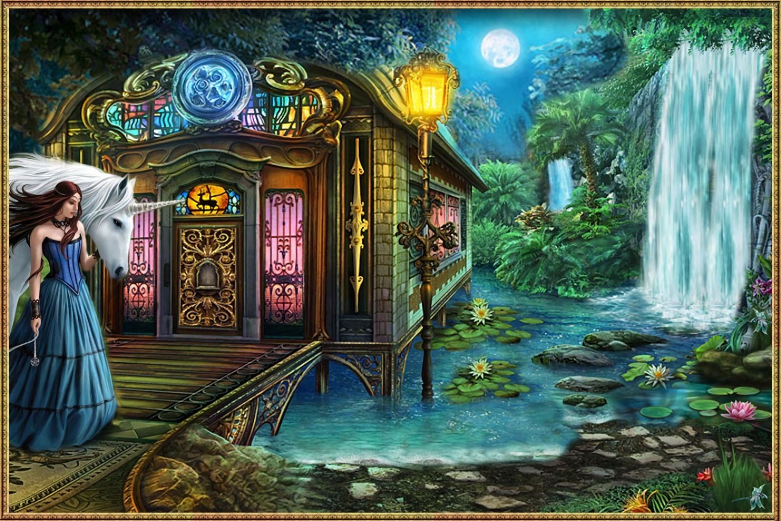 Laden Sie das Fantasie, Mond, Wasserfall, Teich, Einhorn, Künstlerisch-Bild kostenlos auf Ihren PC-Desktop herunter