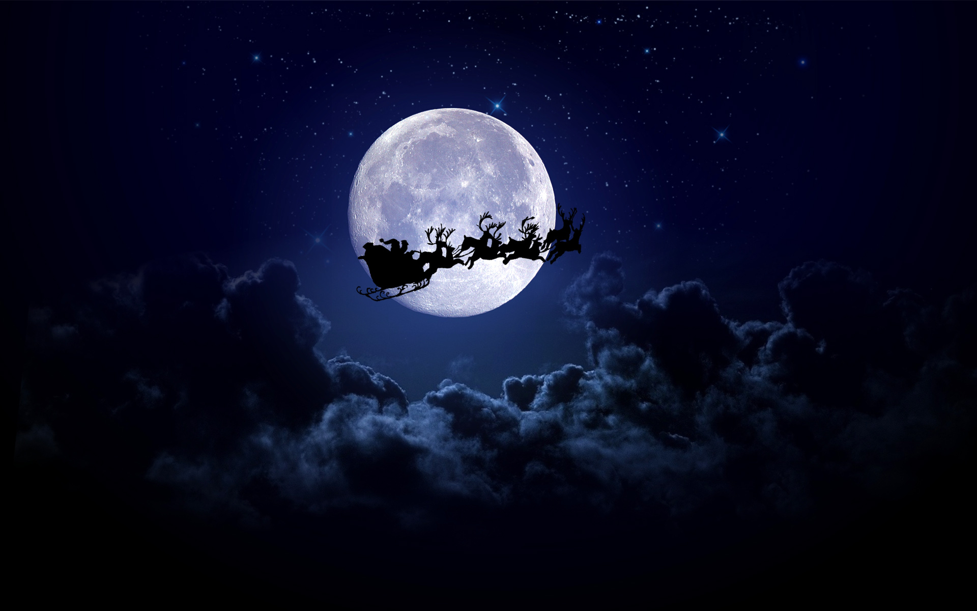 santa, silhouette, reindeer, christmas, sleigh, holiday, cloud, moon, night