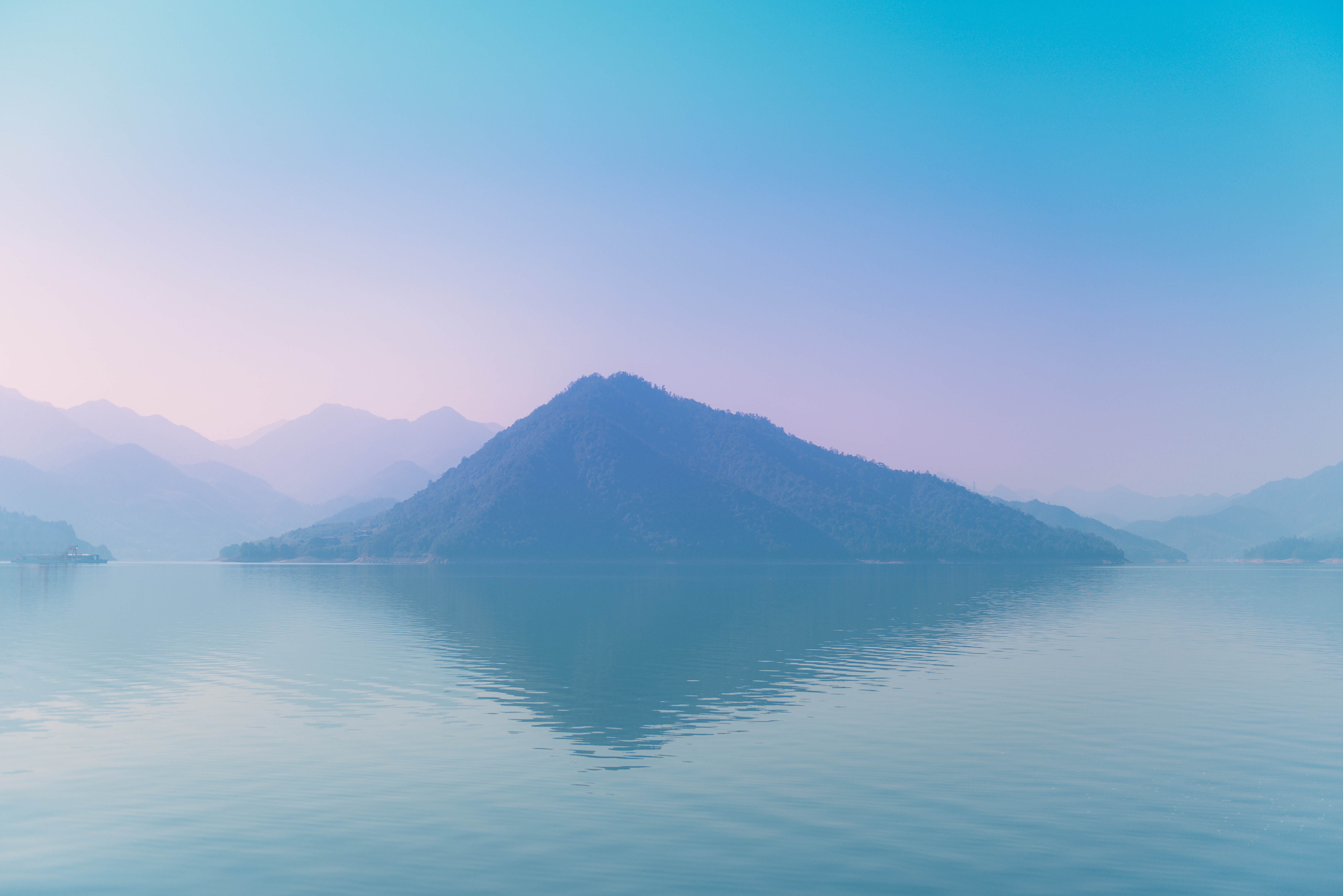 Desktop FHD nature, island, sea, reflection, fog, hills