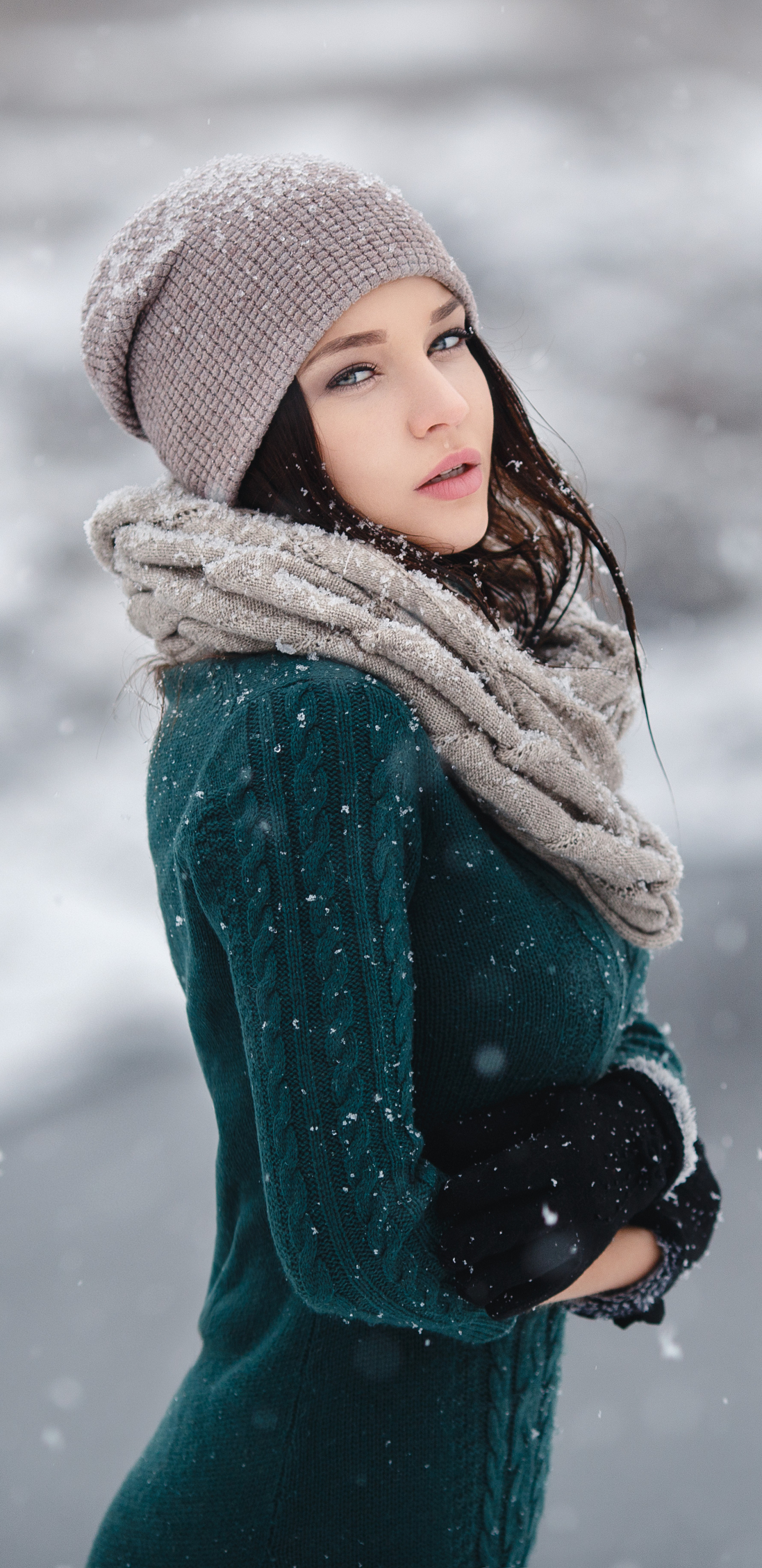 Download mobile wallpaper Winter, Hat, Model, Women, Snowfall, Scarf, Angelina Petrova for free.