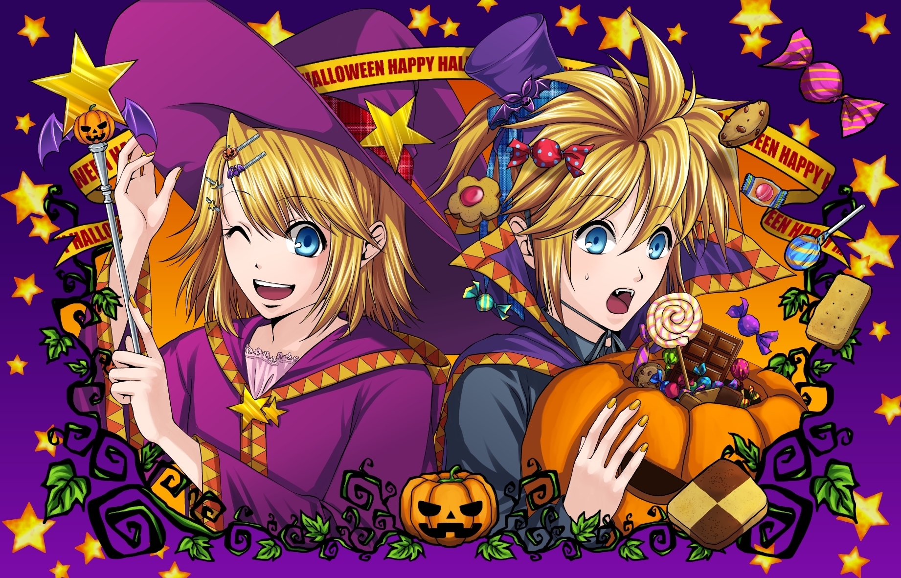 Download mobile wallpaper Anime, Halloween, Vocaloid, Rin Kagamine, Len Kagamine for free.