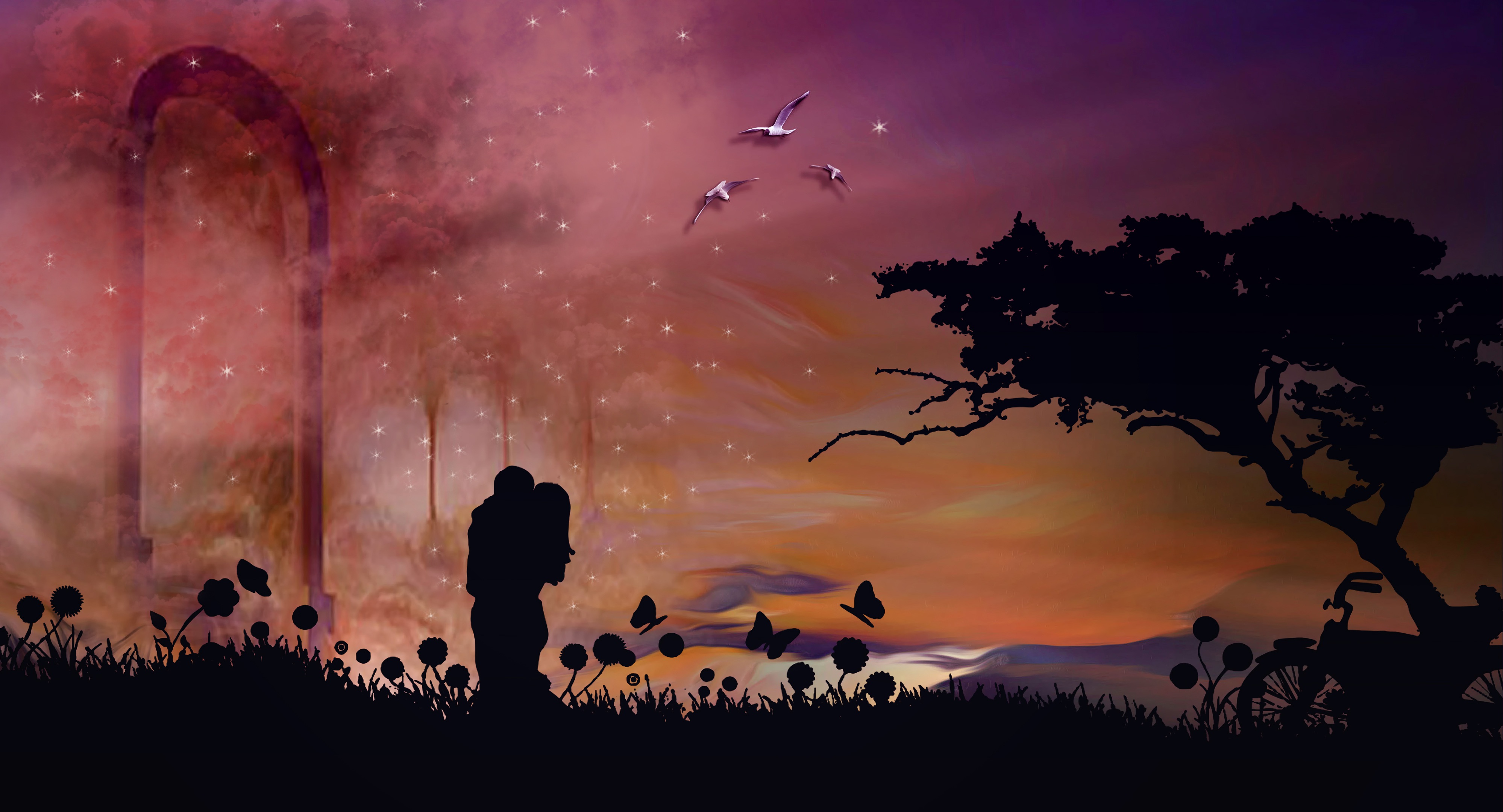 1920x1080 Background love, couple, pair, silhouettes, kiss, embrace