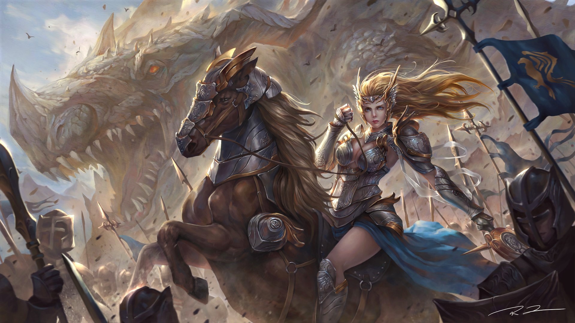 Free download wallpaper Fantasy, Dragon, Horse, Blonde, Armor, Women Warrior on your PC desktop