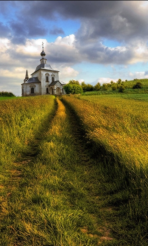 Download mobile wallpaper Grass, Field, Cloud, Church, Churches, Religious for free.