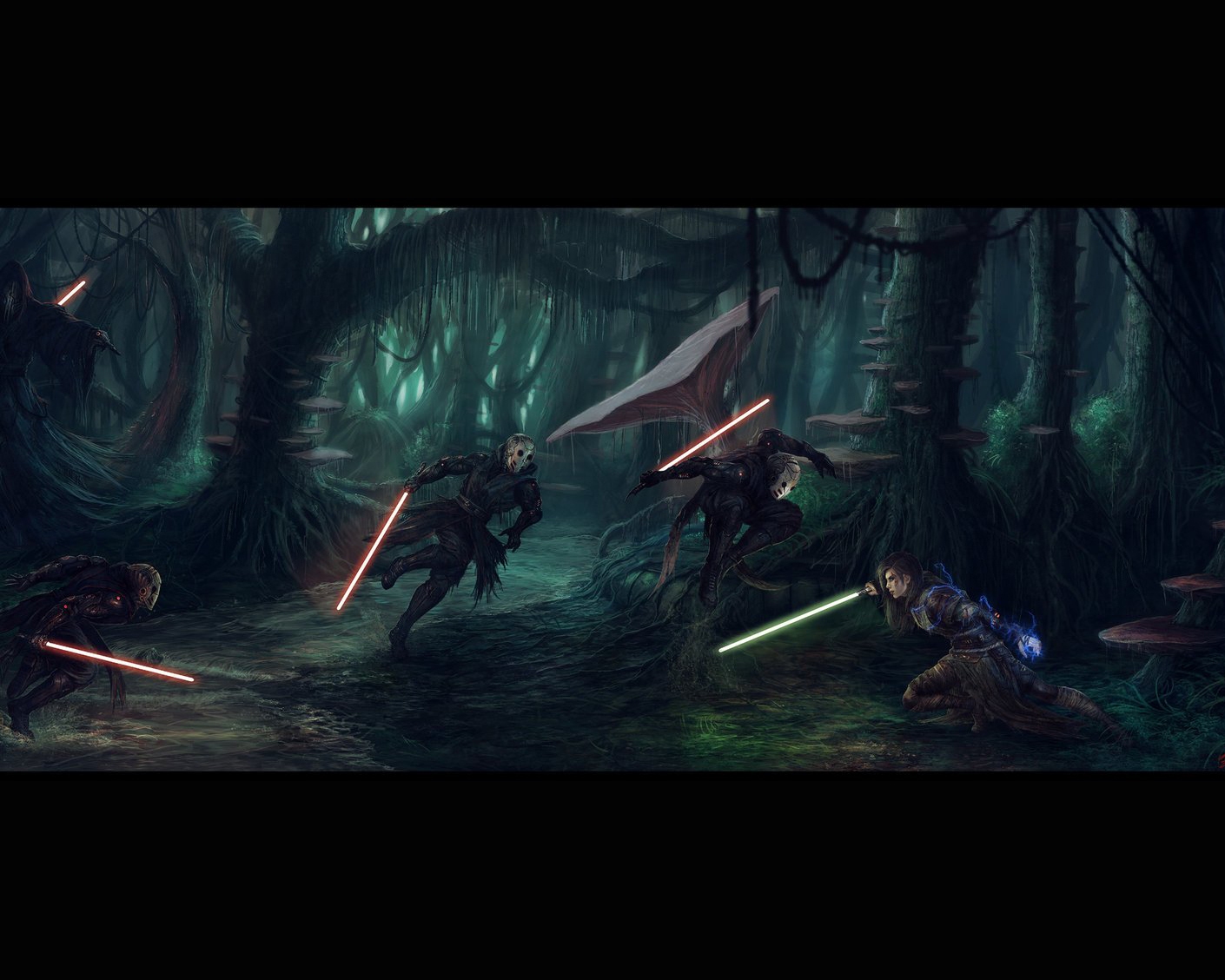 video game, forest, green lightsaber, jedi, lightsaber, mask, red lightsaber, sith (star wars), star wars, tree, star wars: the old republic
