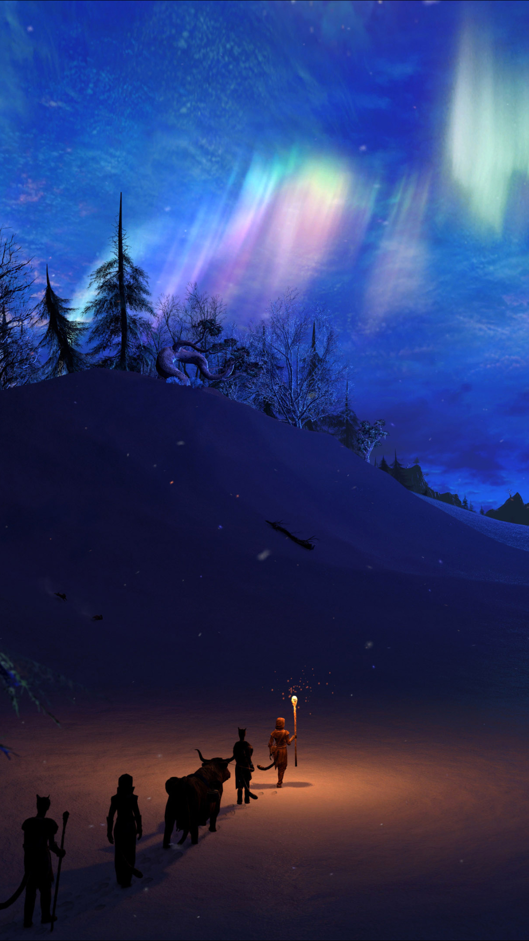 Download mobile wallpaper Winter, Fantasy, Sky, Night, Snow, Mountain, Light, Aurora Borealis for free.