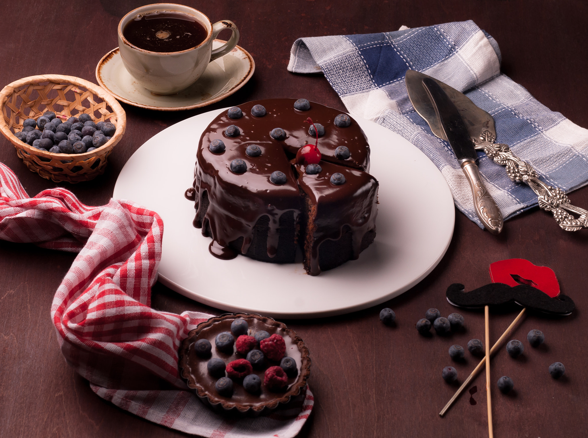 Download mobile wallpaper Food, Dessert, Chocolate, Blueberry, Coffee, Cake, Pastry for free.