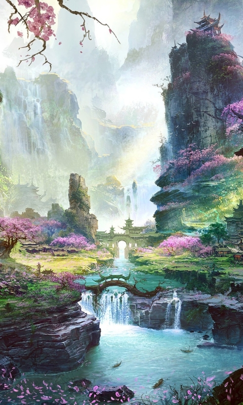 Download mobile wallpaper Landscape, Fantasy, City, Waterfall, Petal, Oriental, Cherry Blossom for free.