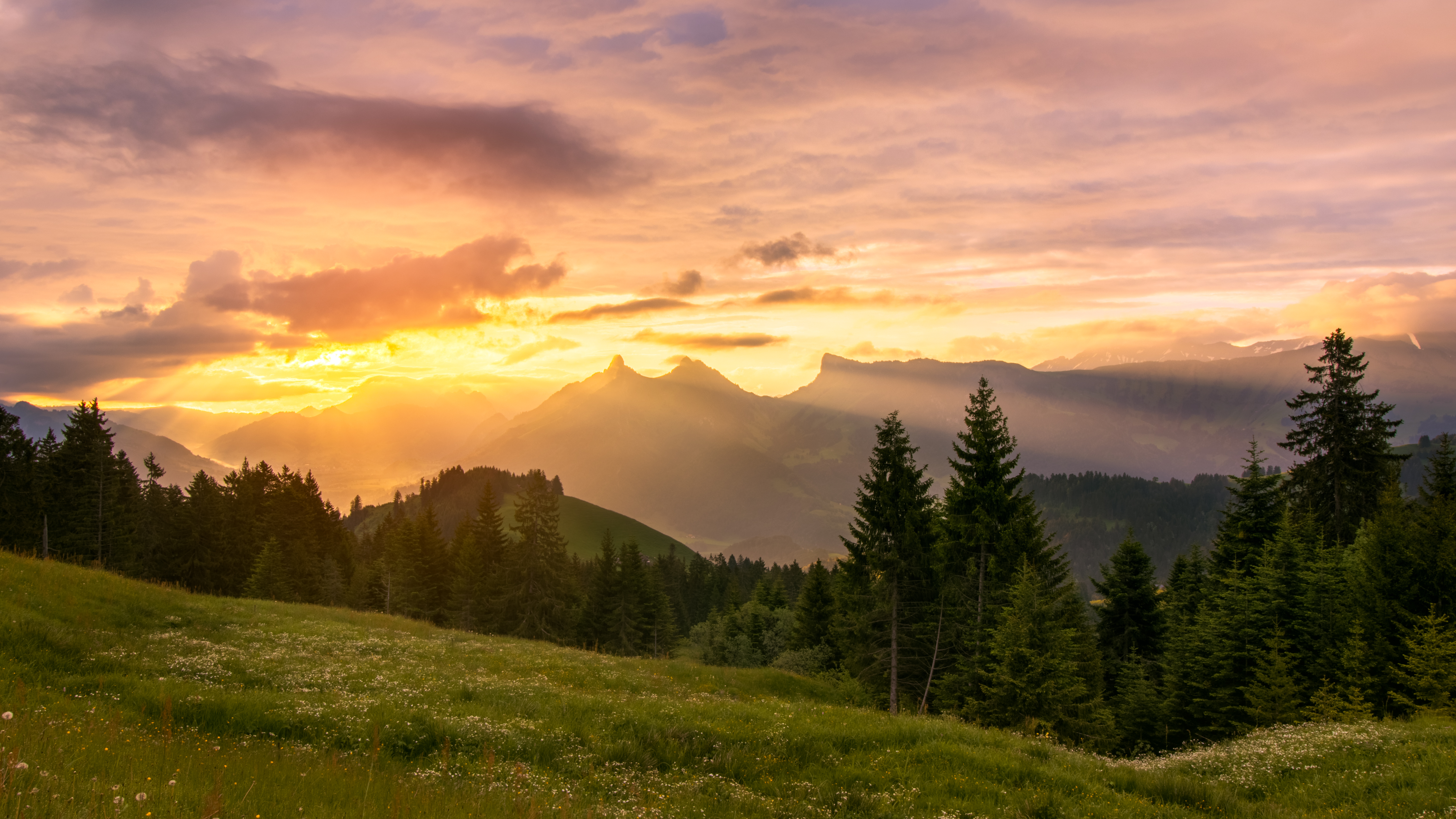Free download wallpaper Nature, Trees, Mountains, Lawn, Sunset, Landscape on your PC desktop