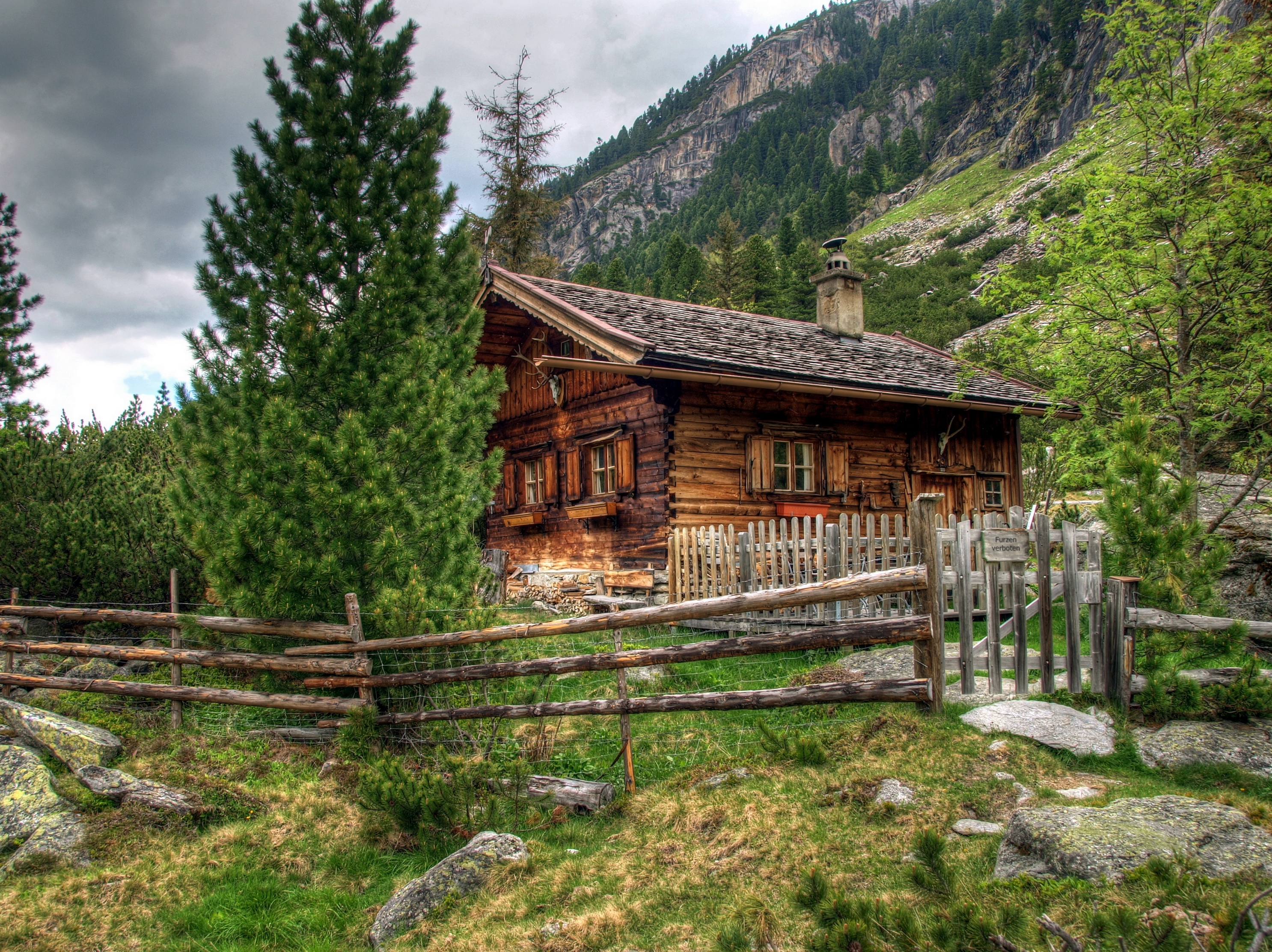 alps, austria, landscape, nature, house, wooden fence Full HD