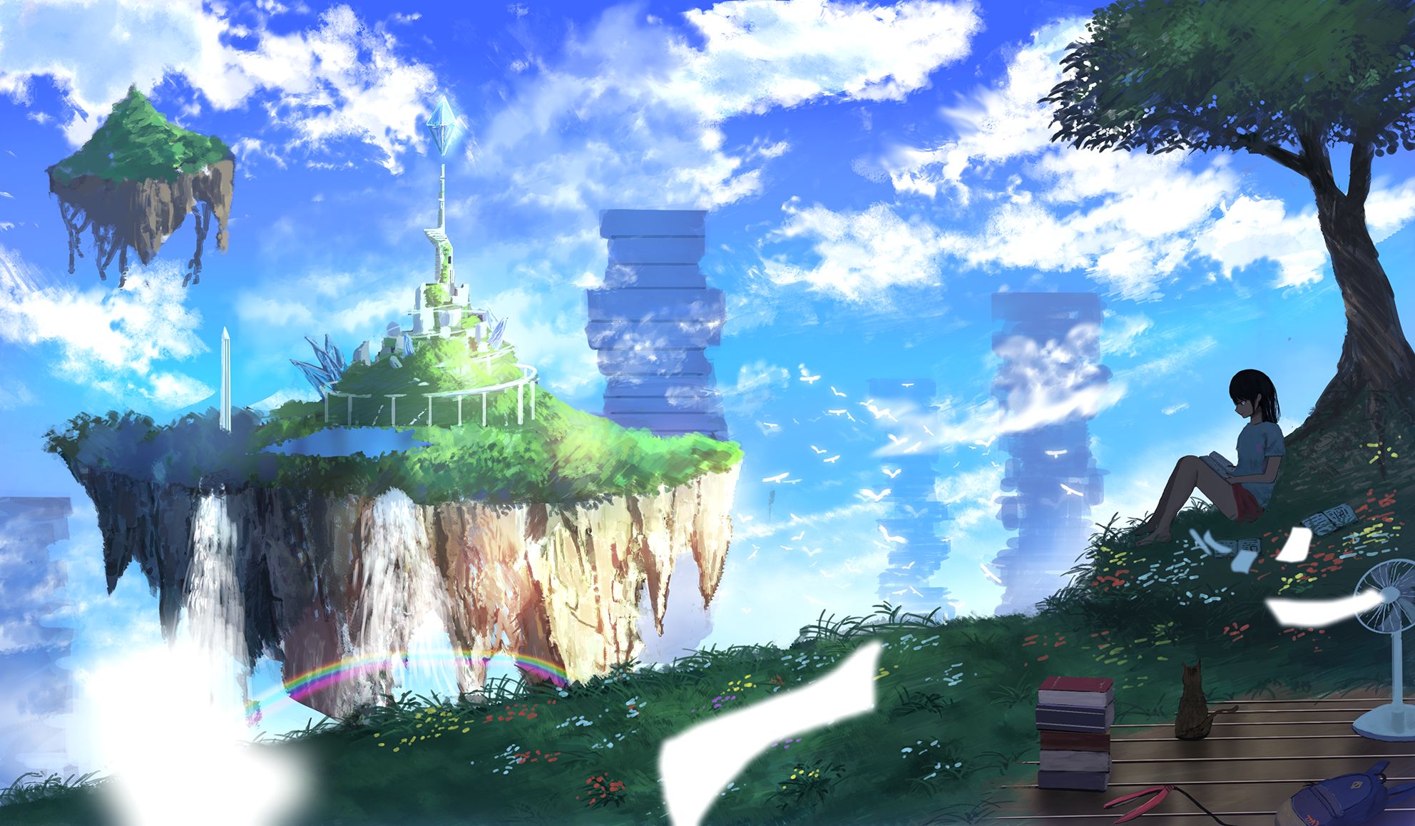 Download mobile wallpaper Anime, Sky, Rainbow, Cat, Book, Cloud, Original for free.