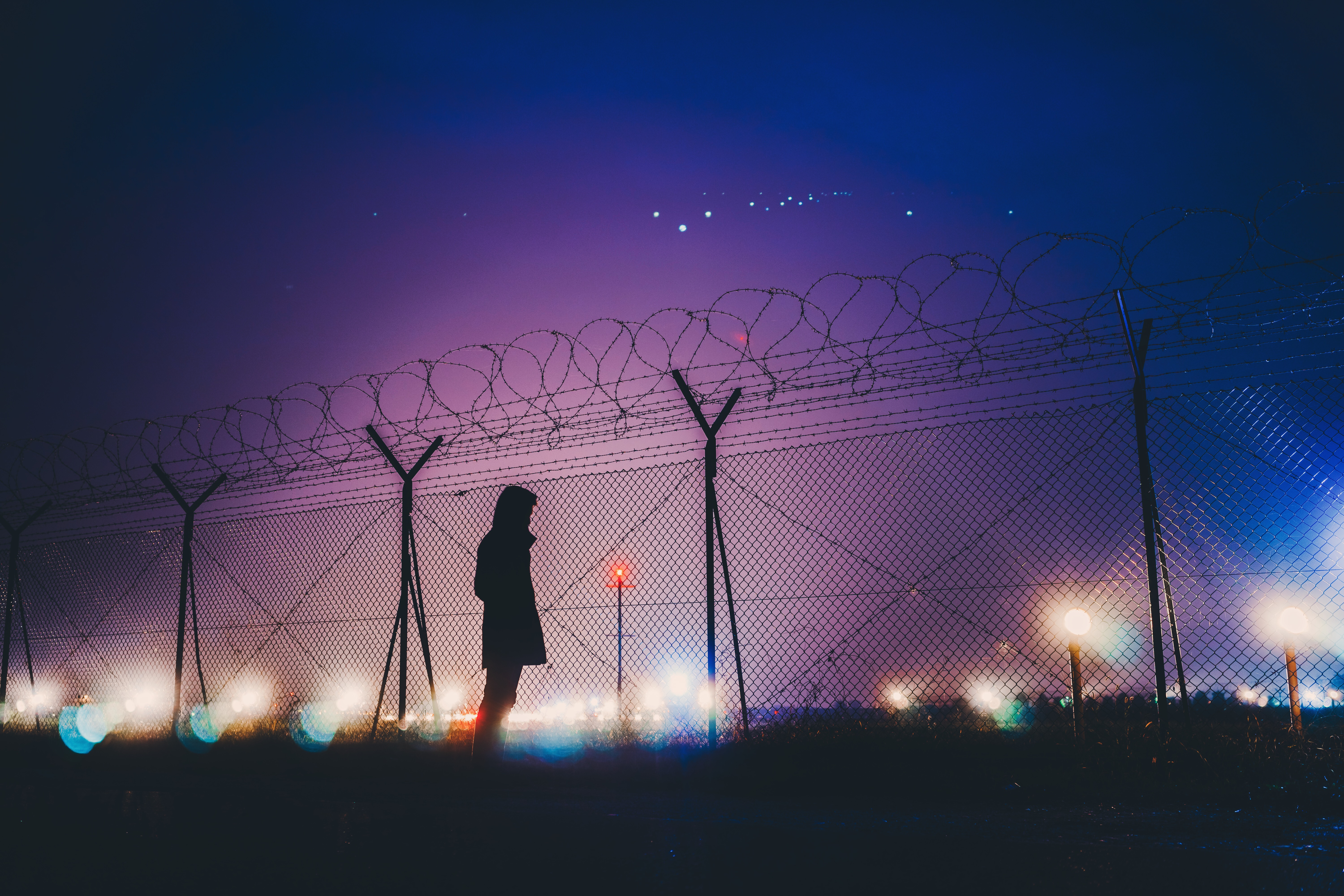 dark, night, silhouette, human, person, barbed wire