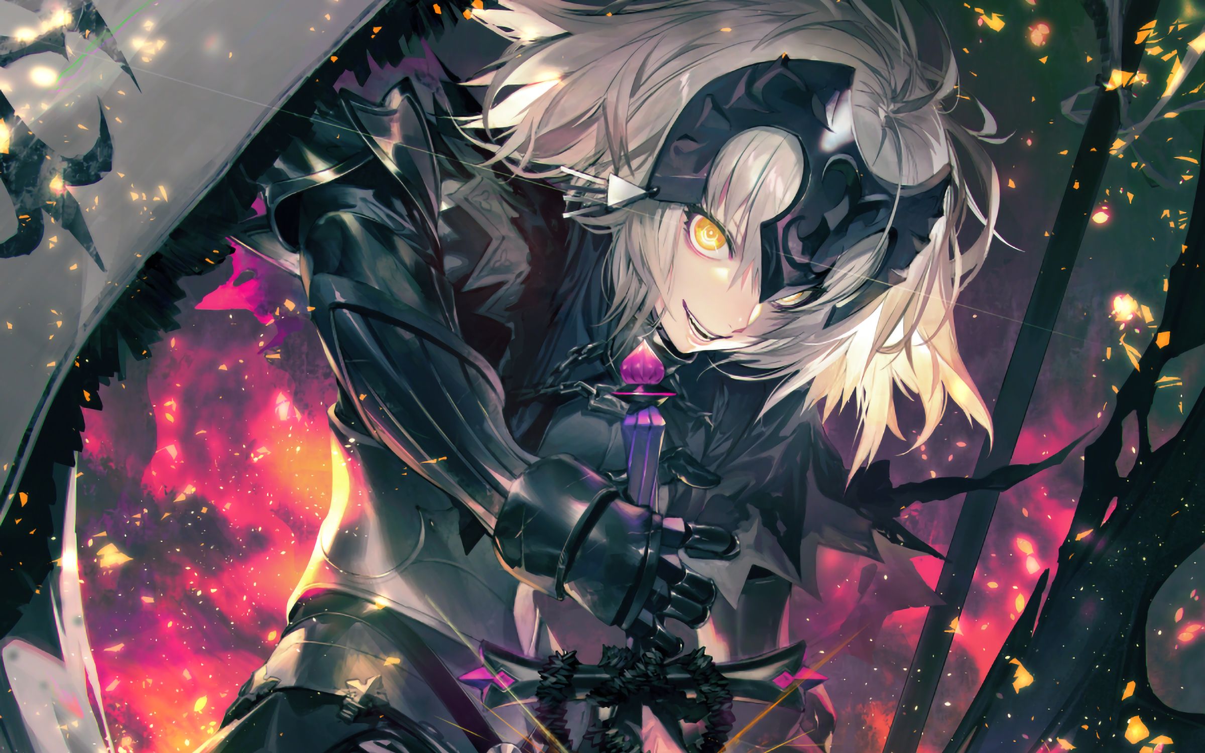 Free download wallpaper Anime, Armor, Yellow Eyes, Sword, Short Hair, White Hair, Woman Warrior, Fate/grand Order, Jeanne D'arc Alter, Avenger (Fate/grand Order), Banner, Fate Series on your PC desktop