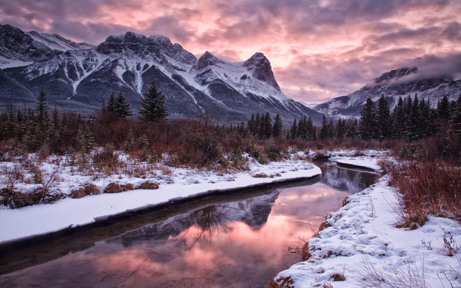 Laden Sie das Winter, Schnee, Baum, Fluss, Gebirge, Erde/natur-Bild kostenlos auf Ihren PC-Desktop herunter