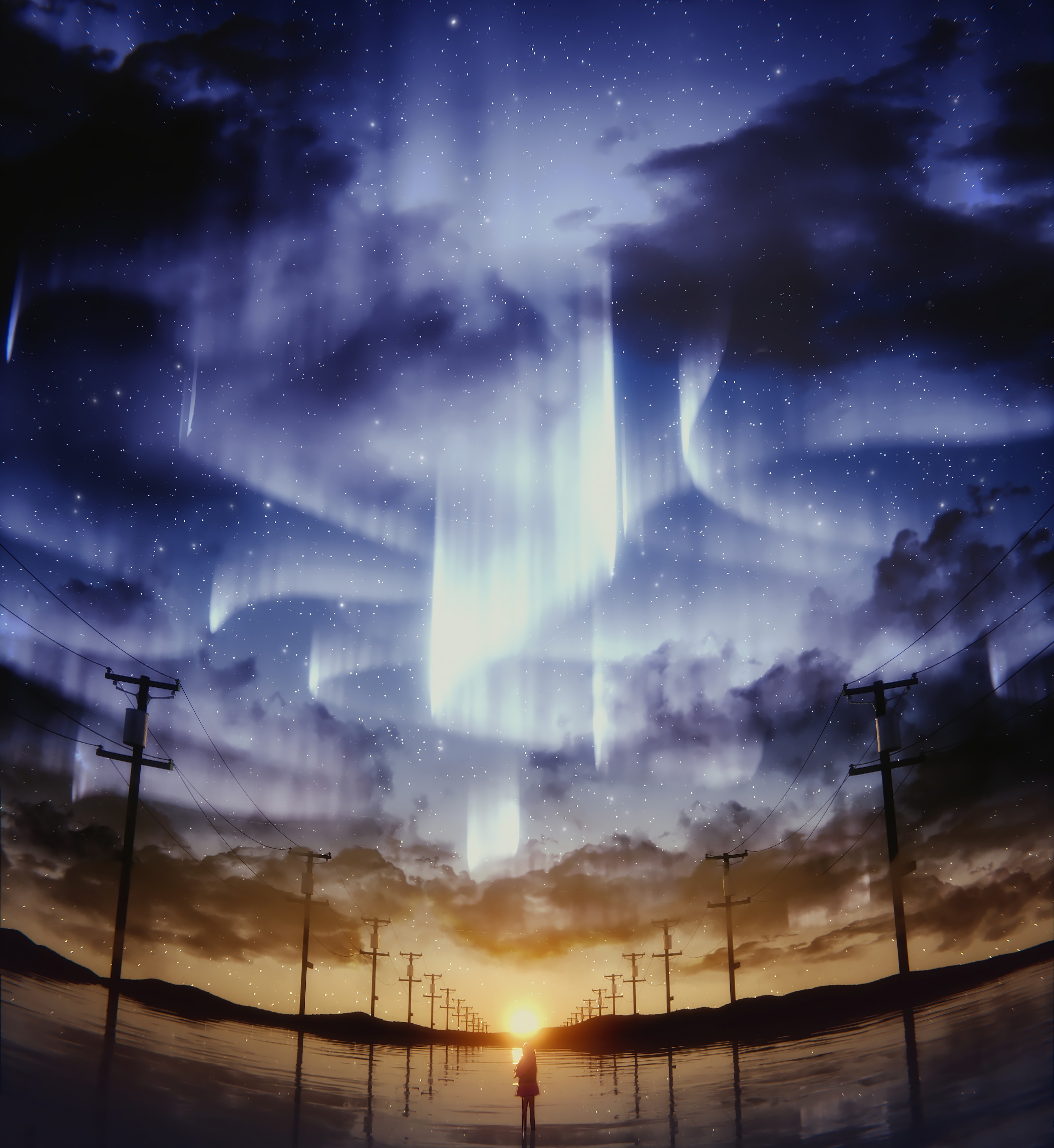pillars, anime, art, starry sky, sky, horizon, silhouette, posts