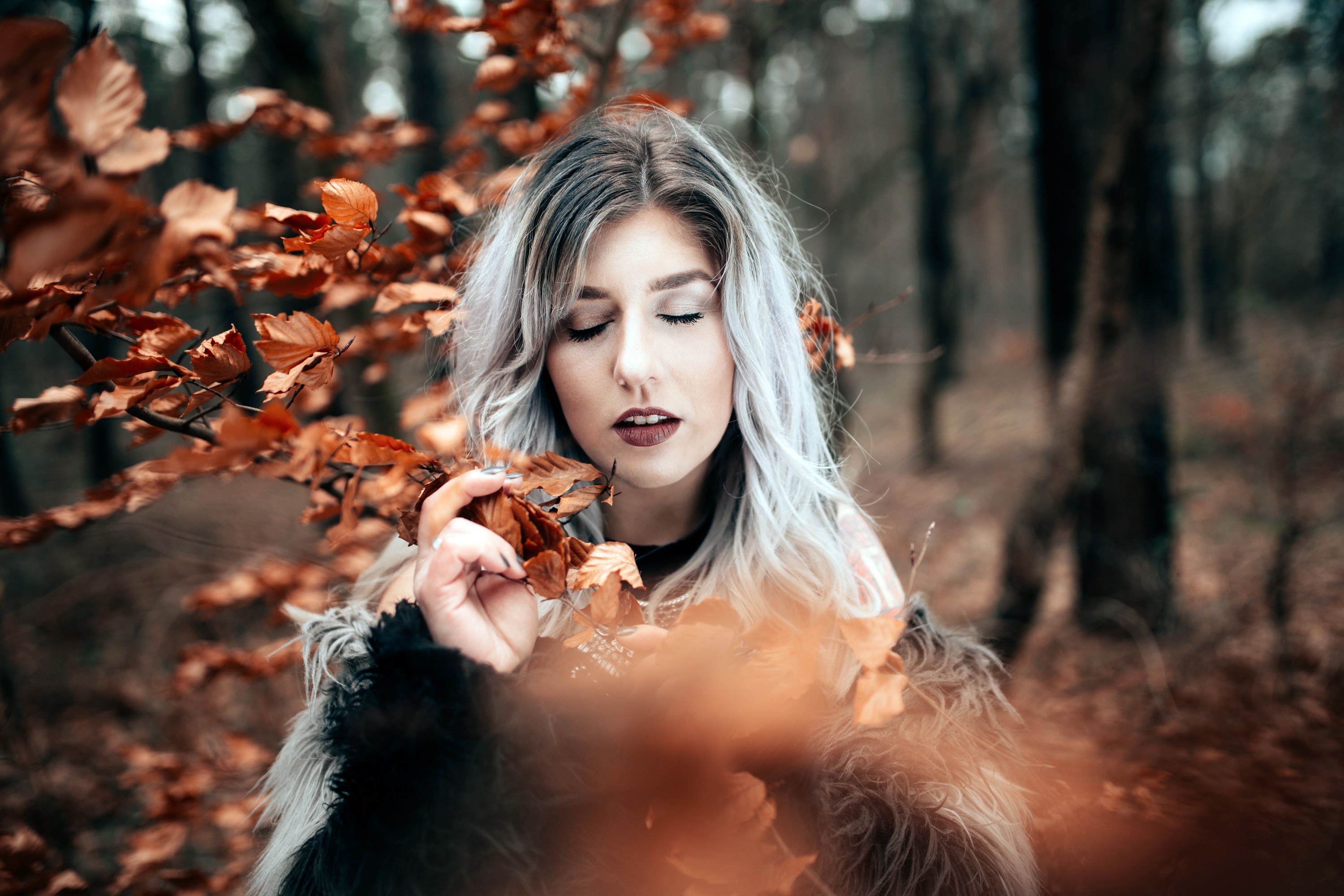 Free download wallpaper Fall, Mood, Women, White Hair, Depth Of Field on your PC desktop