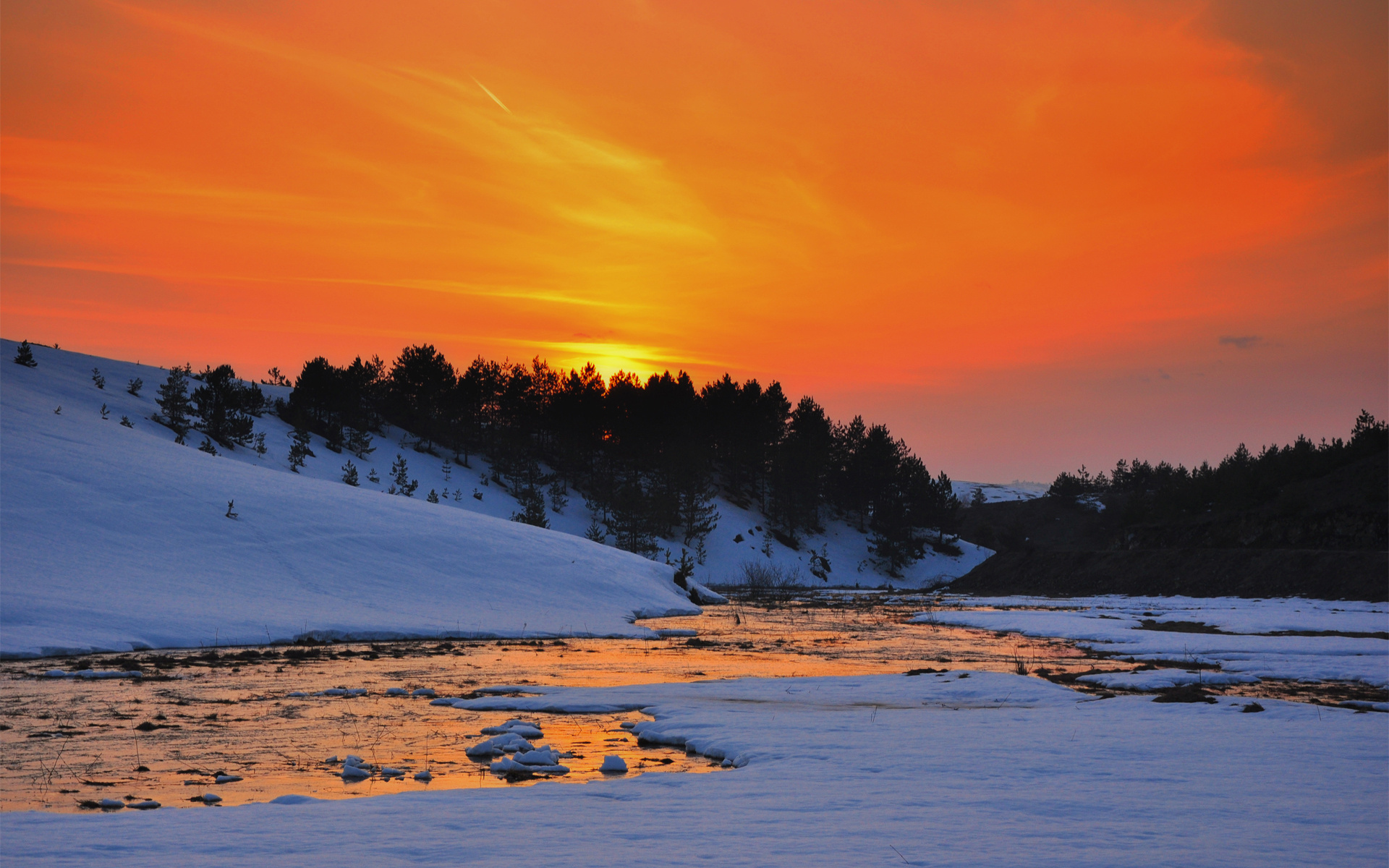 Download mobile wallpaper Winter, Nature, Snow, Sunrise, Earth, River for free.