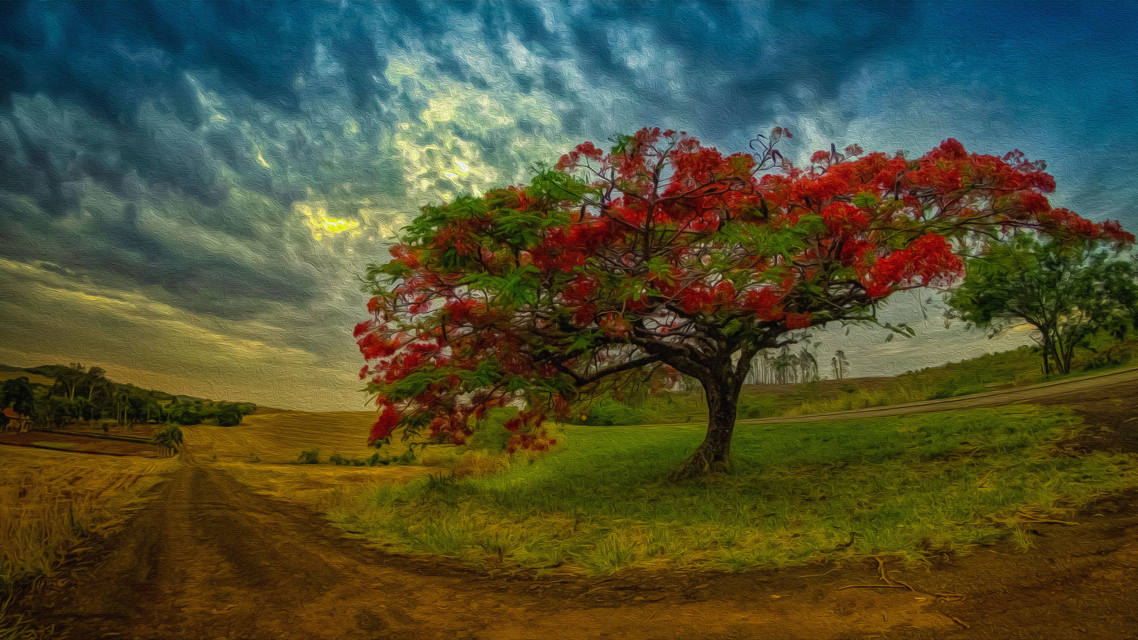 Download mobile wallpaper Tree, Field, Artistic, Cloud for free.