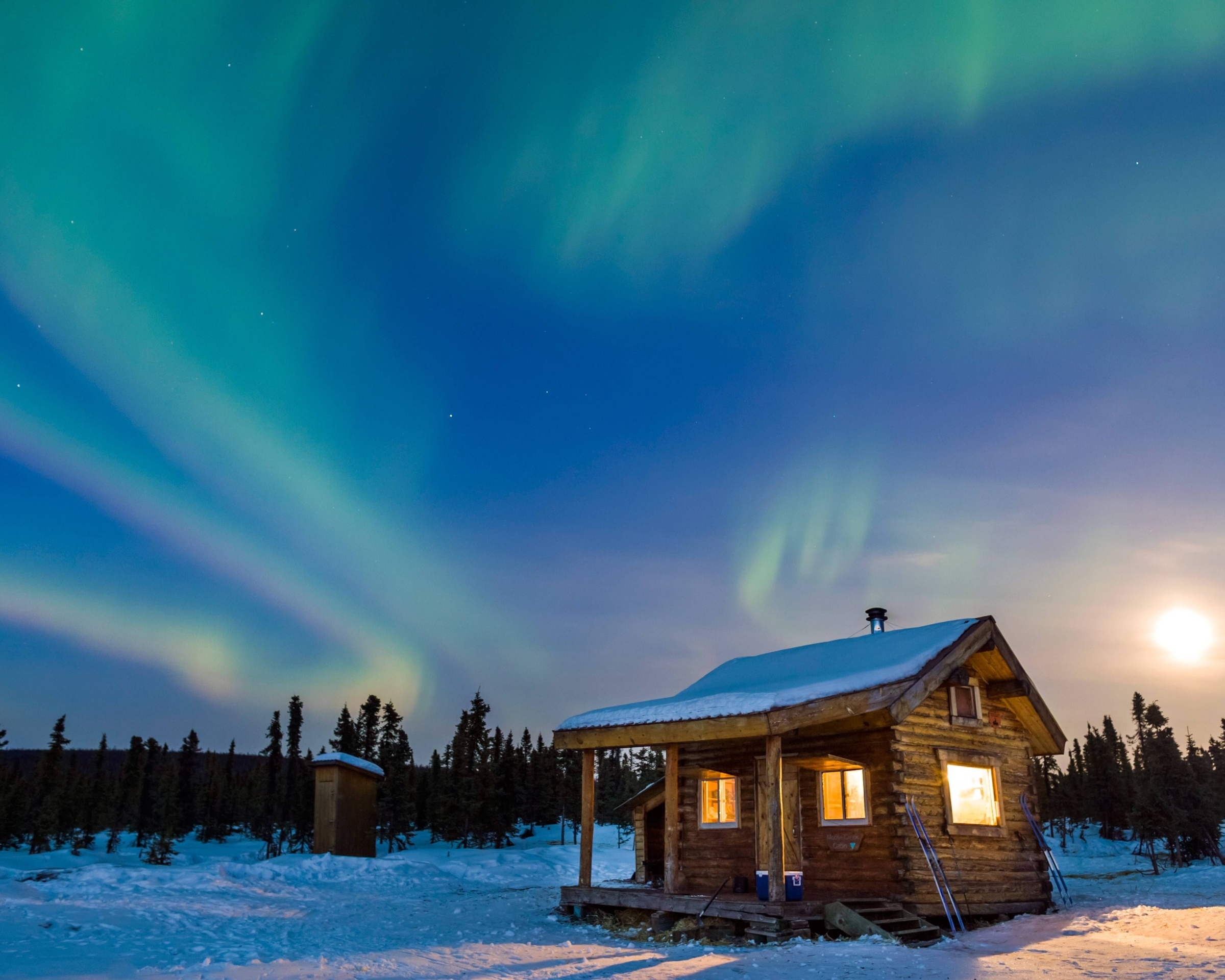 Download mobile wallpaper Winter, Snow, Earth, Aurora Borealis, Cabin for free.