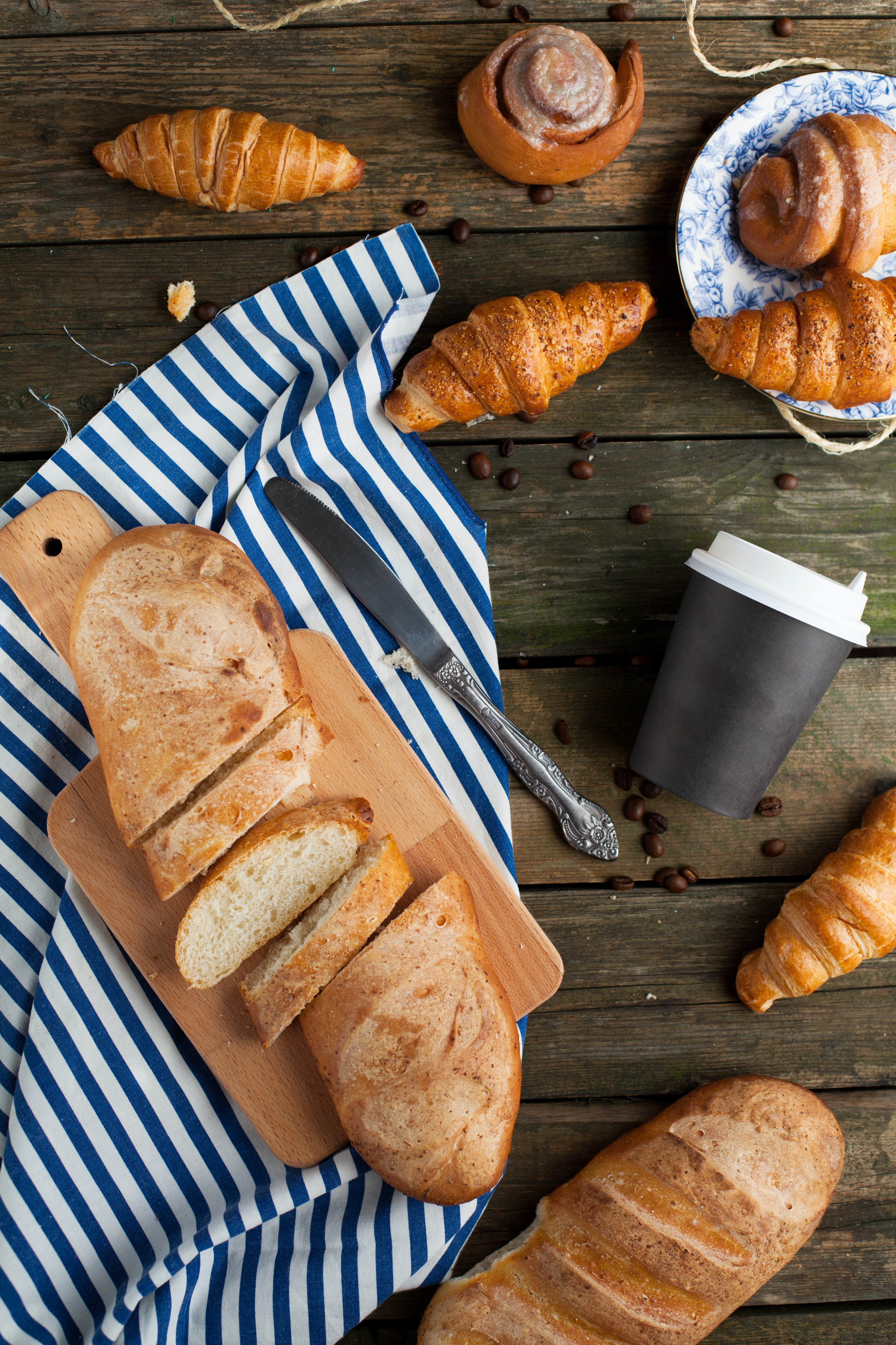 bread, food, still life, coffee, coffee beans, croissant phone wallpaper