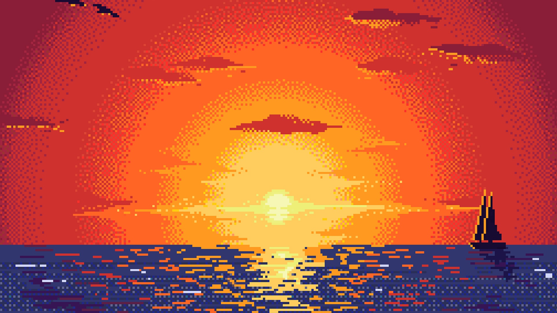 Download mobile wallpaper Sunset, Ocean, Boat, Artistic, Pixel Art for free.