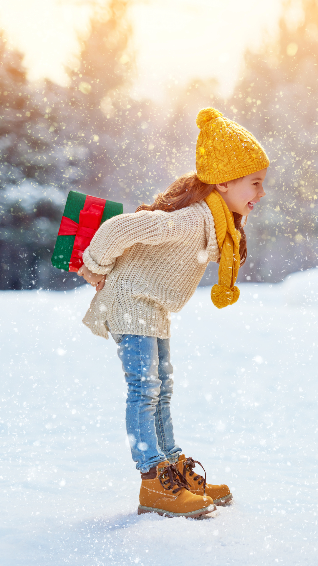 Download mobile wallpaper Snow, Christmas, Holiday, Gift, Hat, Snowfall, Scarf, Little Girl for free.