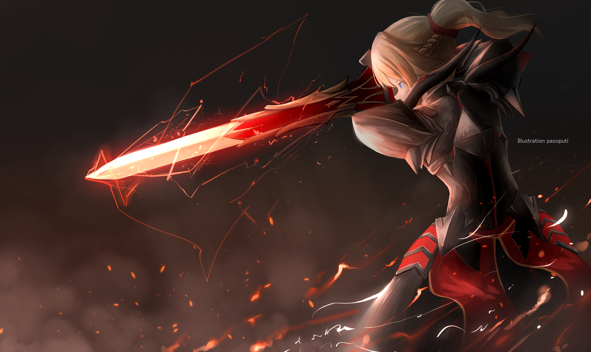 Download mobile wallpaper Anime, Weapon, Blonde, Armor, Sword, Blue Eyes, Saber (Fate Series), Fate (Series), Ponytail, Fate/apocrypha, Mordred (Fate/apocrypha), Saber Of Red (Fate/apocrypha), Fate Series for free.