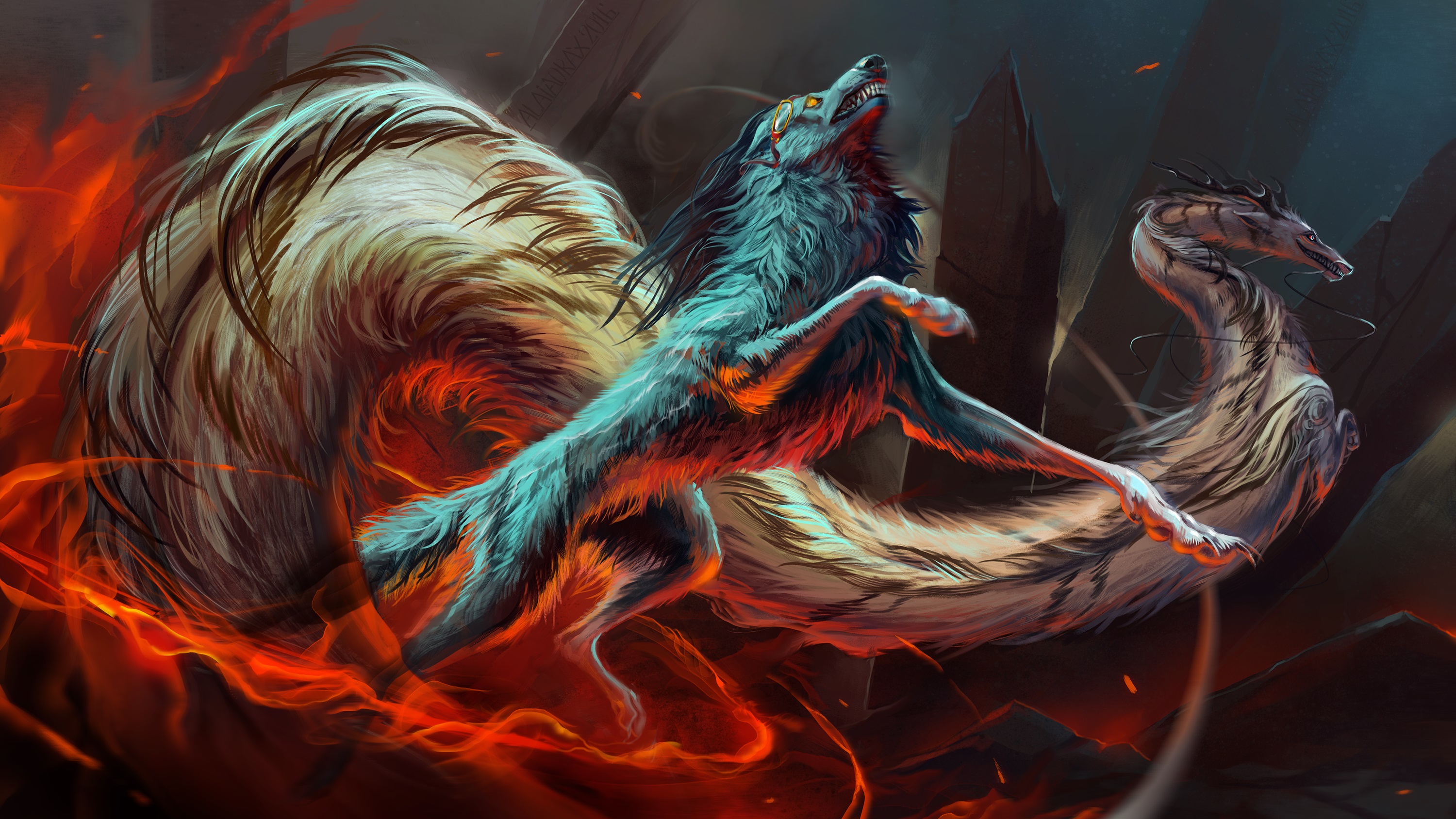 Download mobile wallpaper Fantasy, Fire, Wolf, Animal, Dragon, Creature, Fantasy Animals for free.