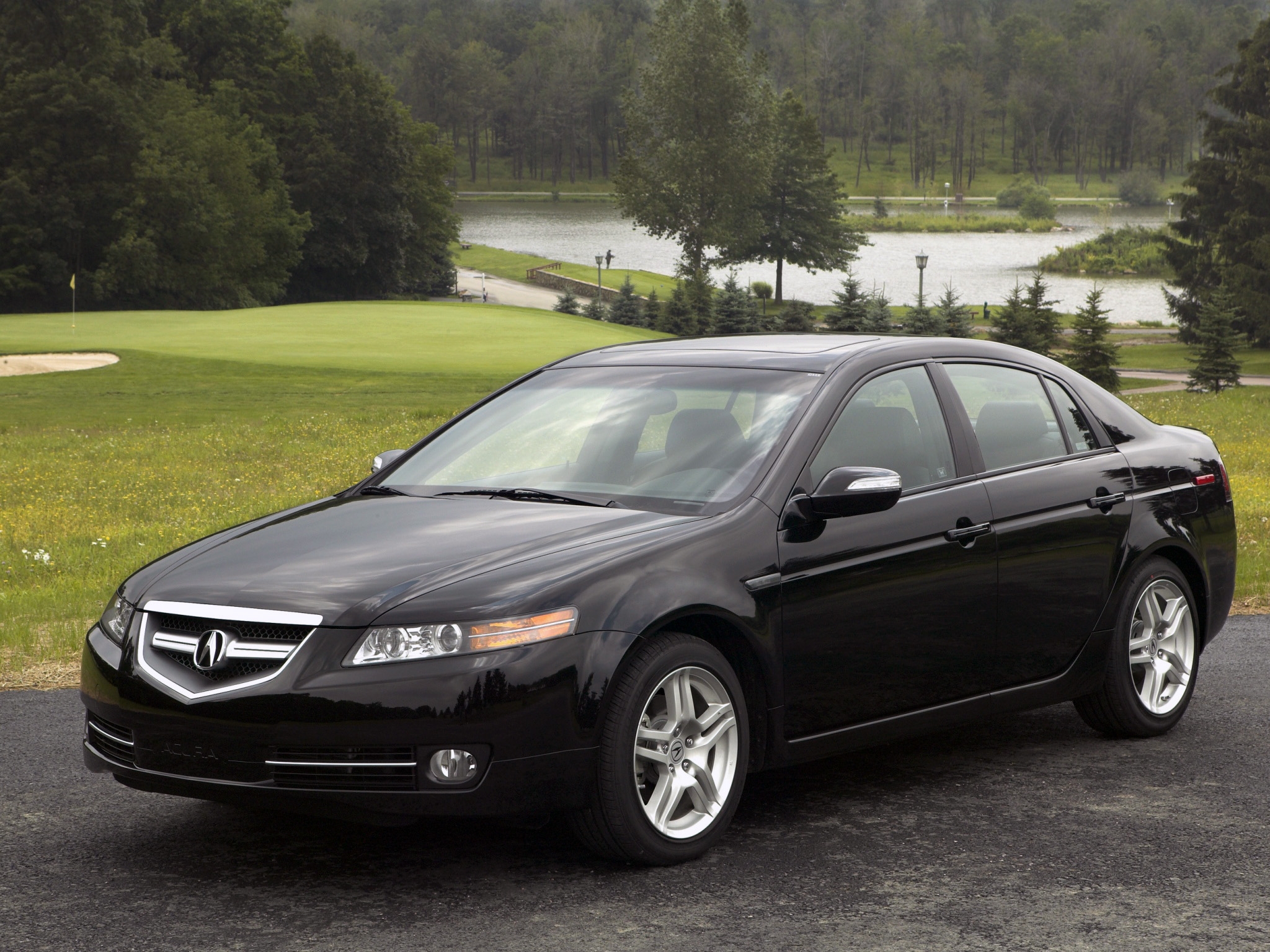 nature, auto, water, trees, acura, cars, black, side view, style, akura, lawn, tl, 2007