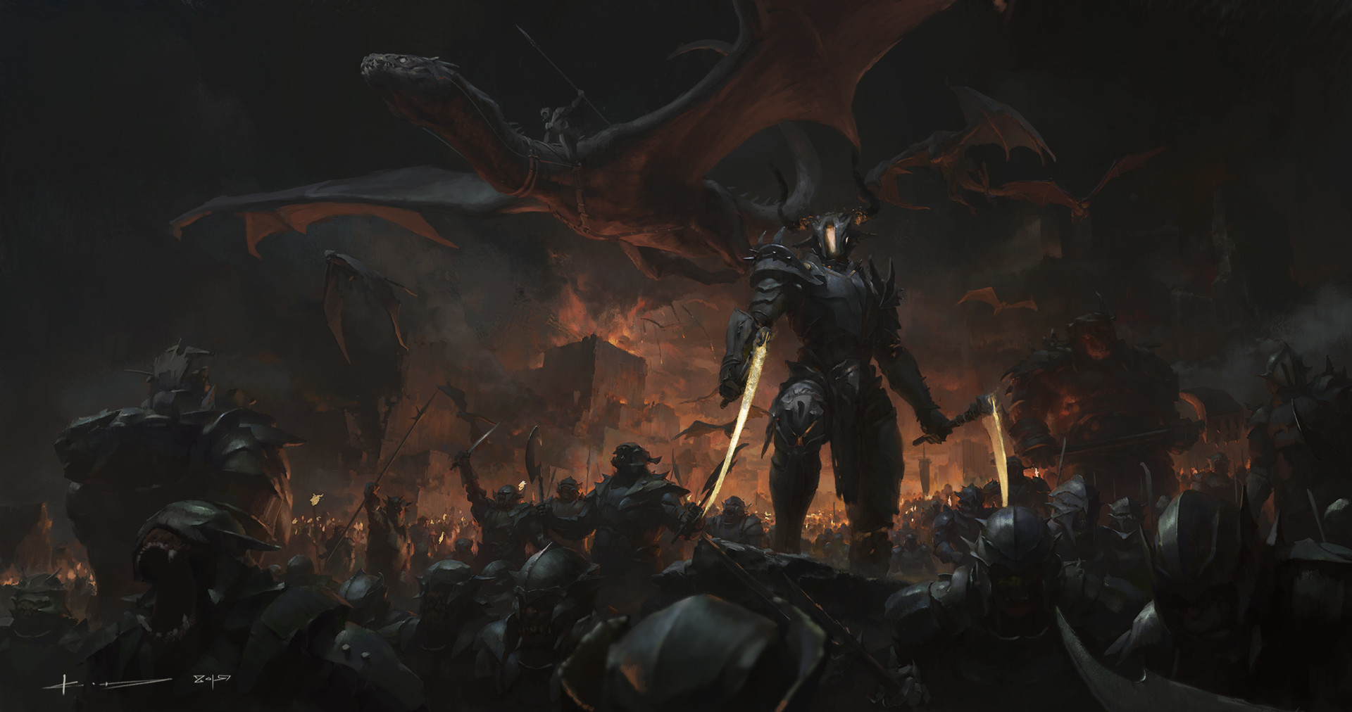 Download mobile wallpaper Dark, Dragon, Warrior, Creature, Armor, Sword, Army, Orc for free.